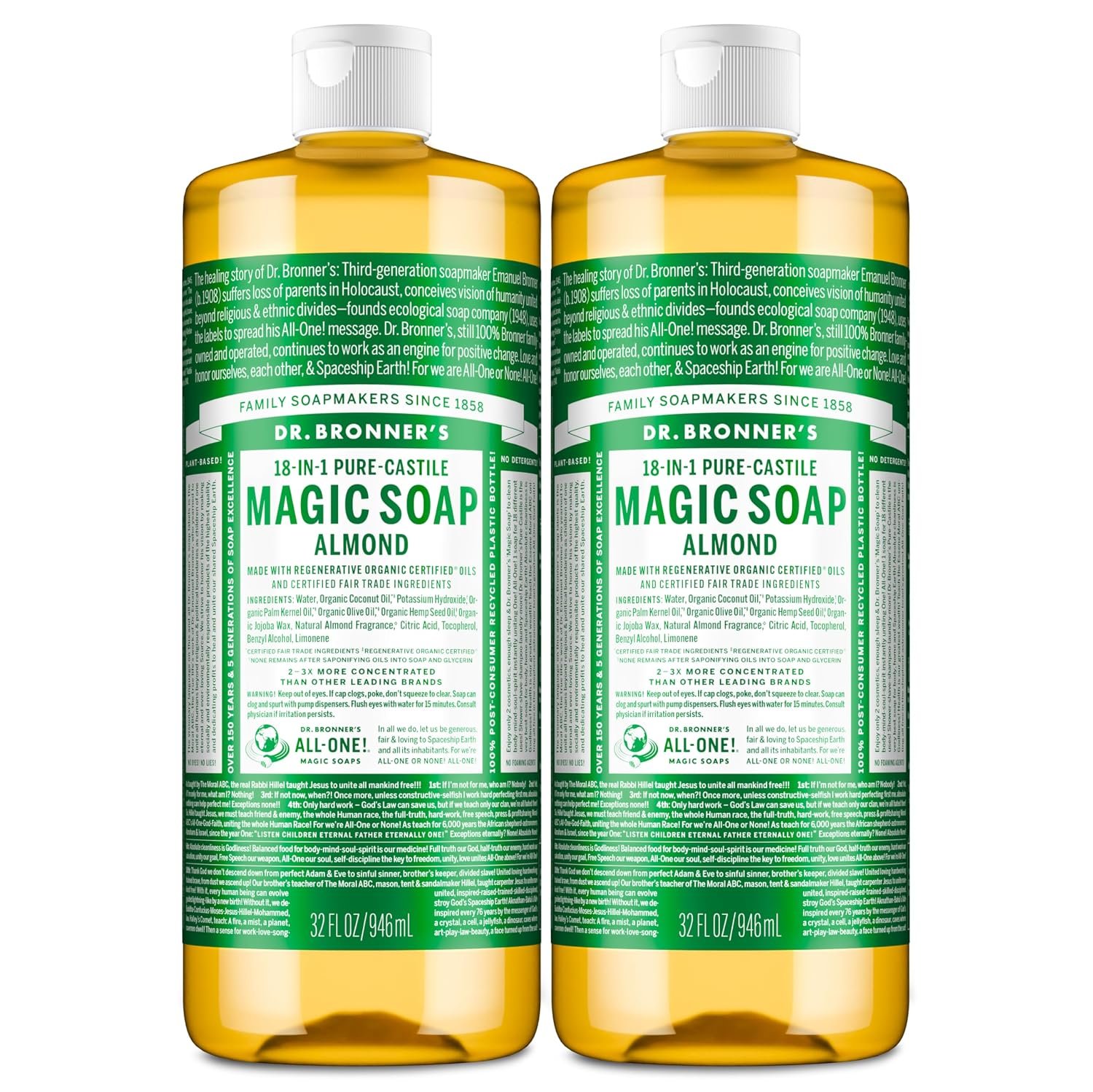 Dr. Bronner’s Almond Pure-Castile Liquid Soap, Hand Soap, 32 oz 2-Pack