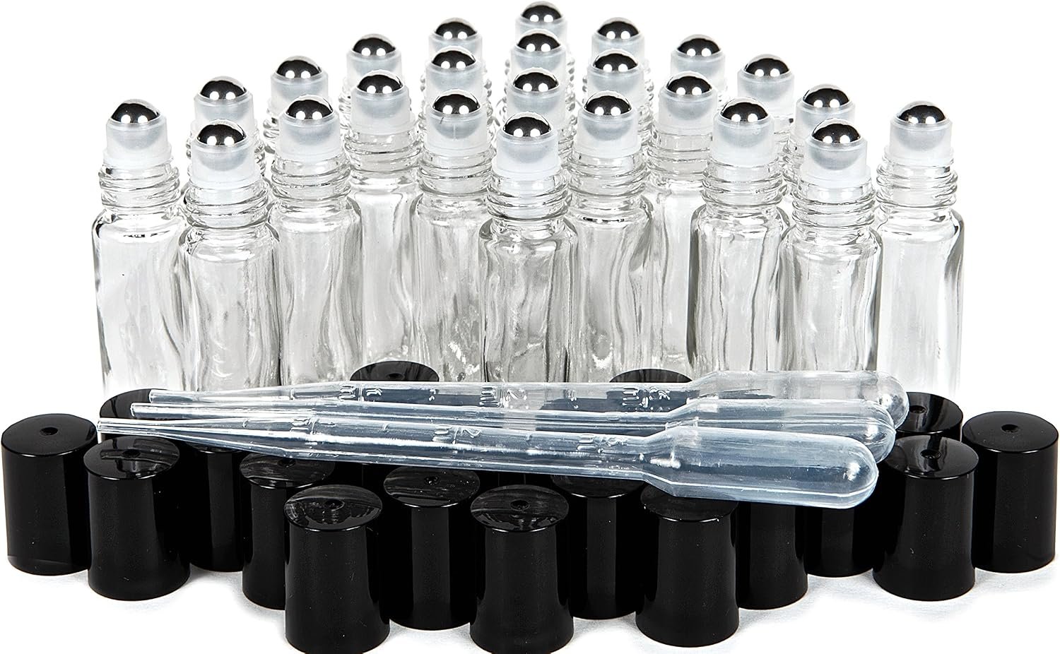 Vivaplex Clear 10ml Glass Bottles with Stainless Steel Roller Balls – 24 pk