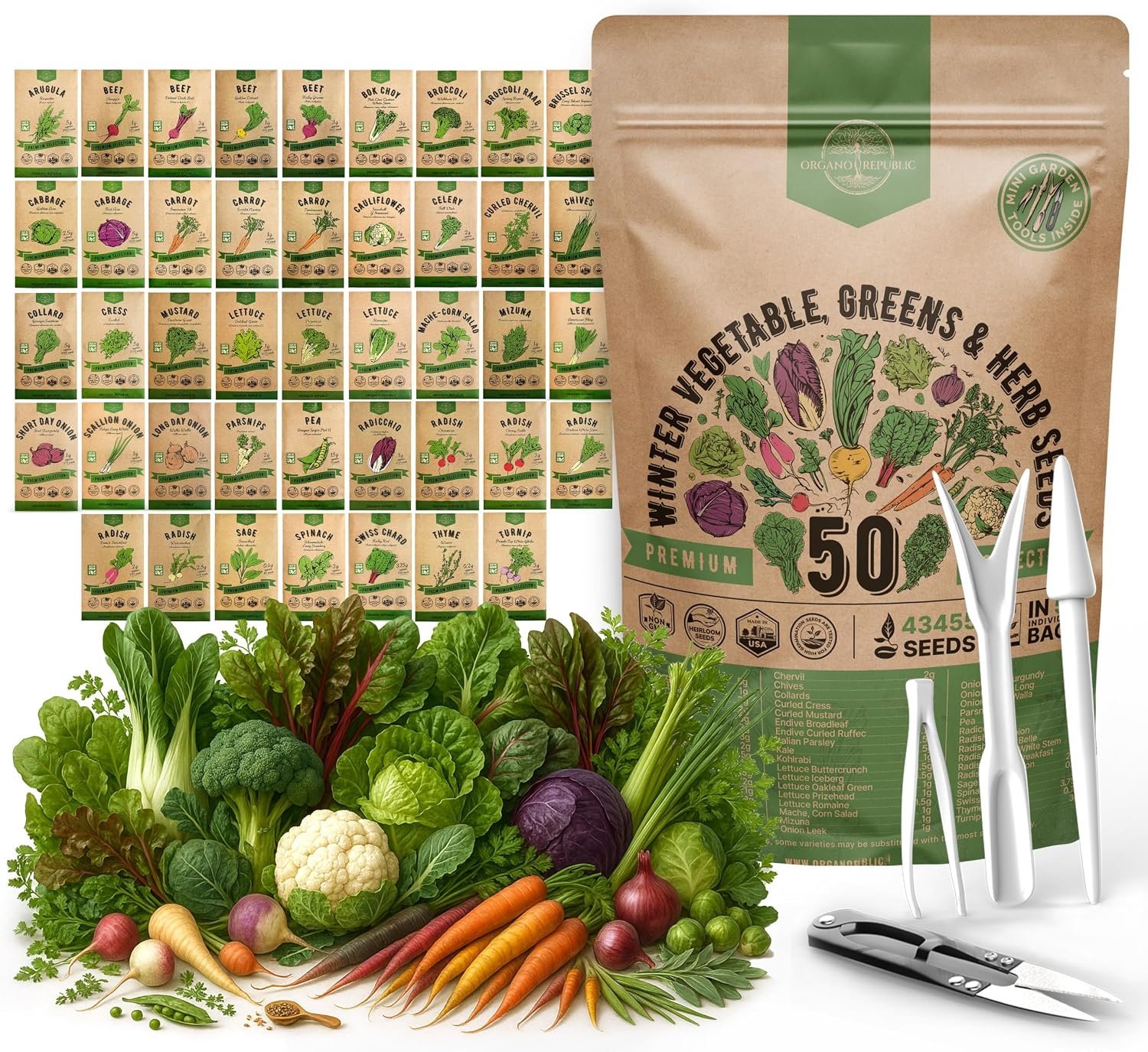 50 Winter Vegetable Garden Seeds Variety Pack – 43,450+ Non-GMO Heirloom Seeds for Outdoors & Indoor Home Gardening, Including Kohlrabi, Lettuce, Radish, Onion, Choy, Spinach, Cauliflower, Collards