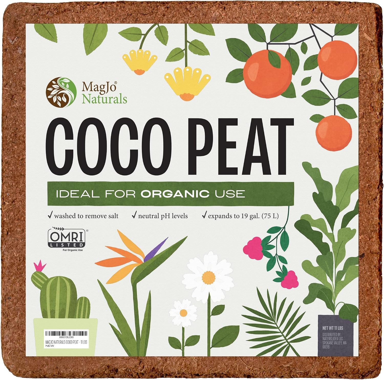 MagJo Naturals 100% Pure Coco Coir (Coco Peat) 11 Pound Block (5kg, OMRI Listed for Organic Gardening, Coconut Coir – Low EC and pH Balance – High Expansion Coco Fiber for Herbs, Flowers, Planting