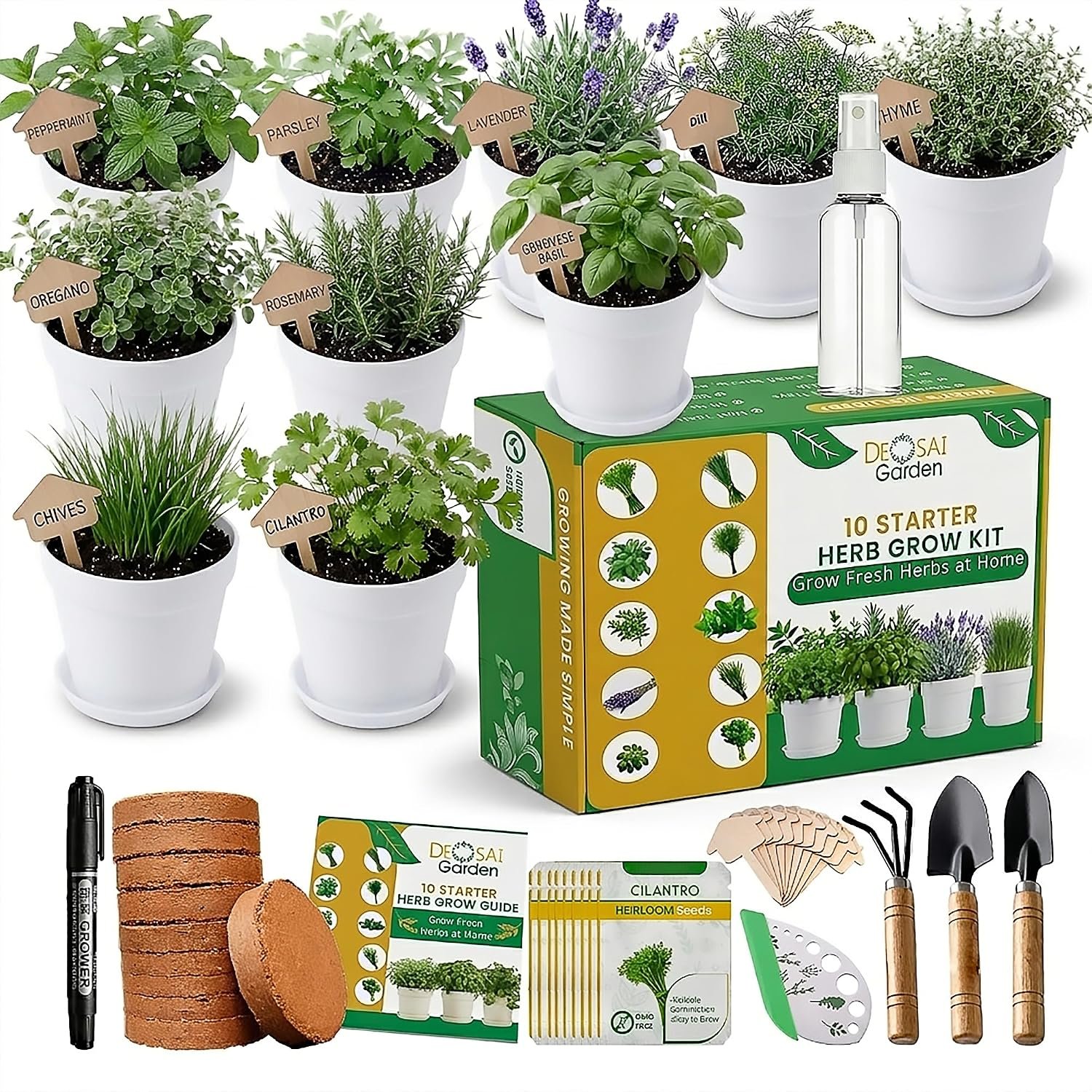 47 PCS Herb Garden Seeds Starter Kit, 10 Non-GMO Culinary Herb Seeds with White Pots & Planters for Windowsill, Herb Growing Kit Indoor & Outdoor, Unique Herb Garden Gift Set for Gardening Lovers