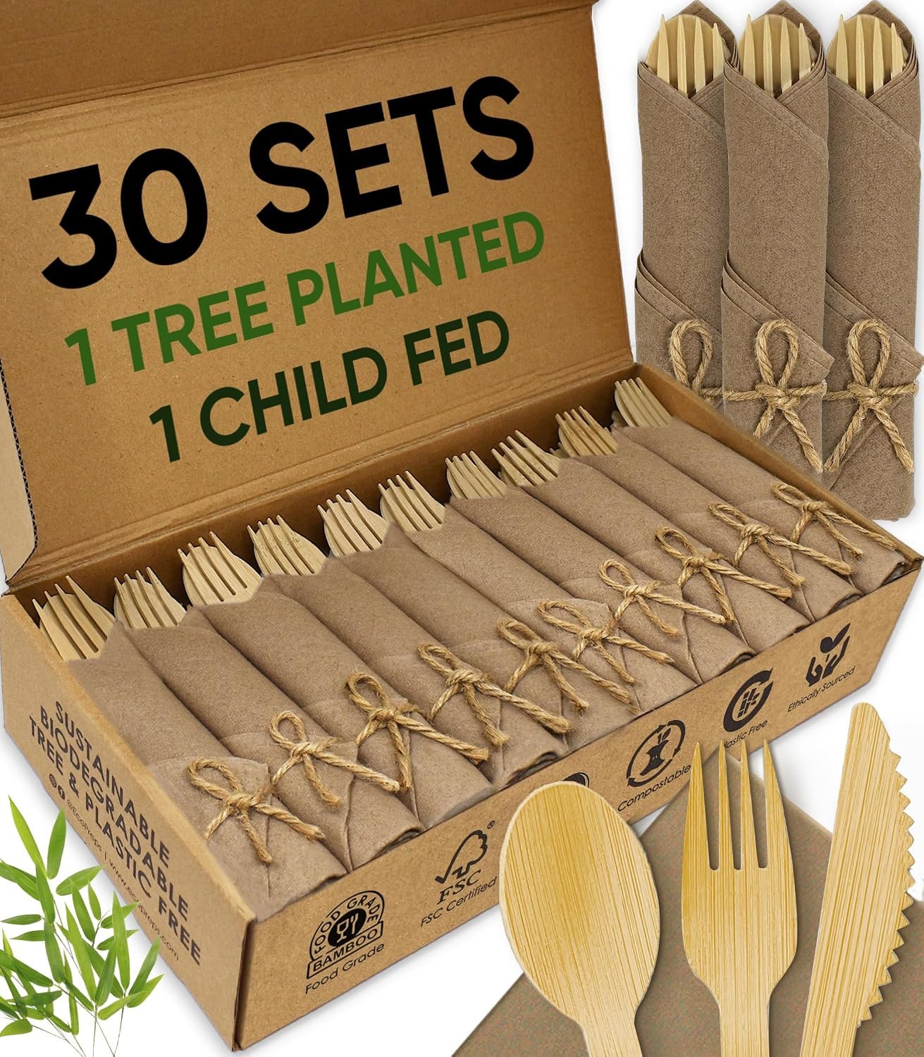 EcoPreps Brown Pre Rolled Napkin and Bamboo Cutlery Set (30 Pack, 120 PCS)