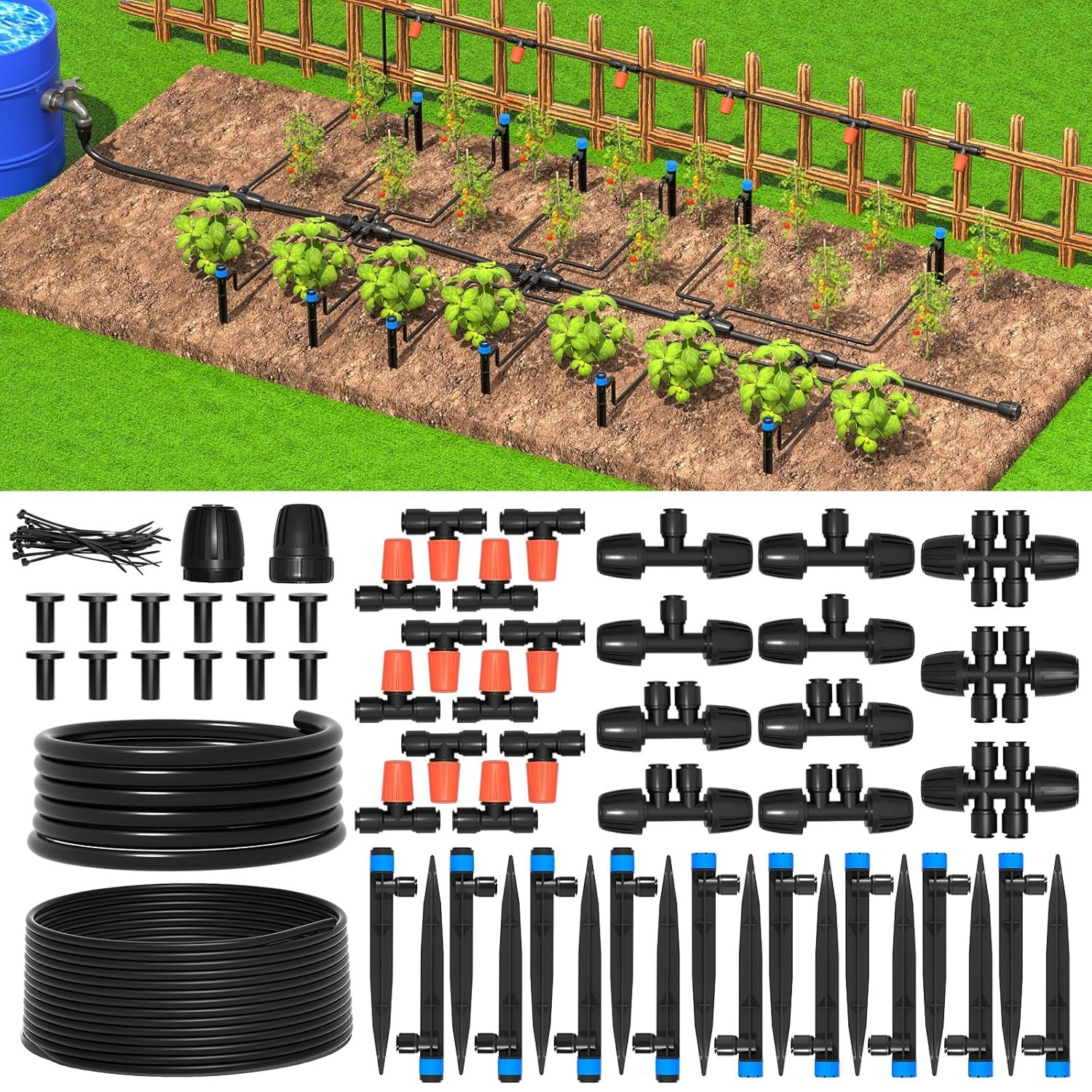 MIXC Greenhouse Micro Drip Irrigation Kit Automatic Irrigation System Patio Misting Plant Watering System with 1/4 inch 1/2 inch Irrigation Tubing Hose Adjustable Nozzle Emitters Barbed Fittings