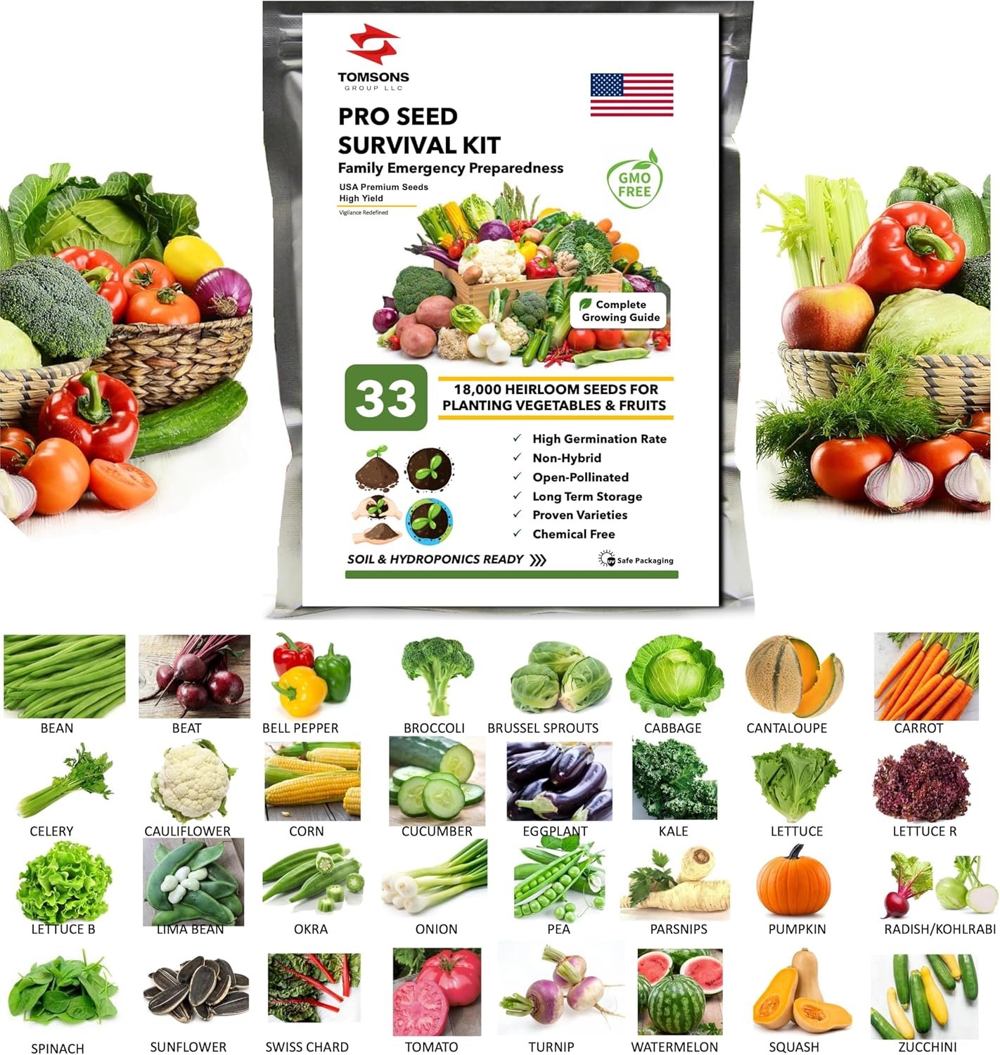 Tomsons Heirloom Seeds for Planting Fruits & Vegetables 18000+ 33 Pack Kit