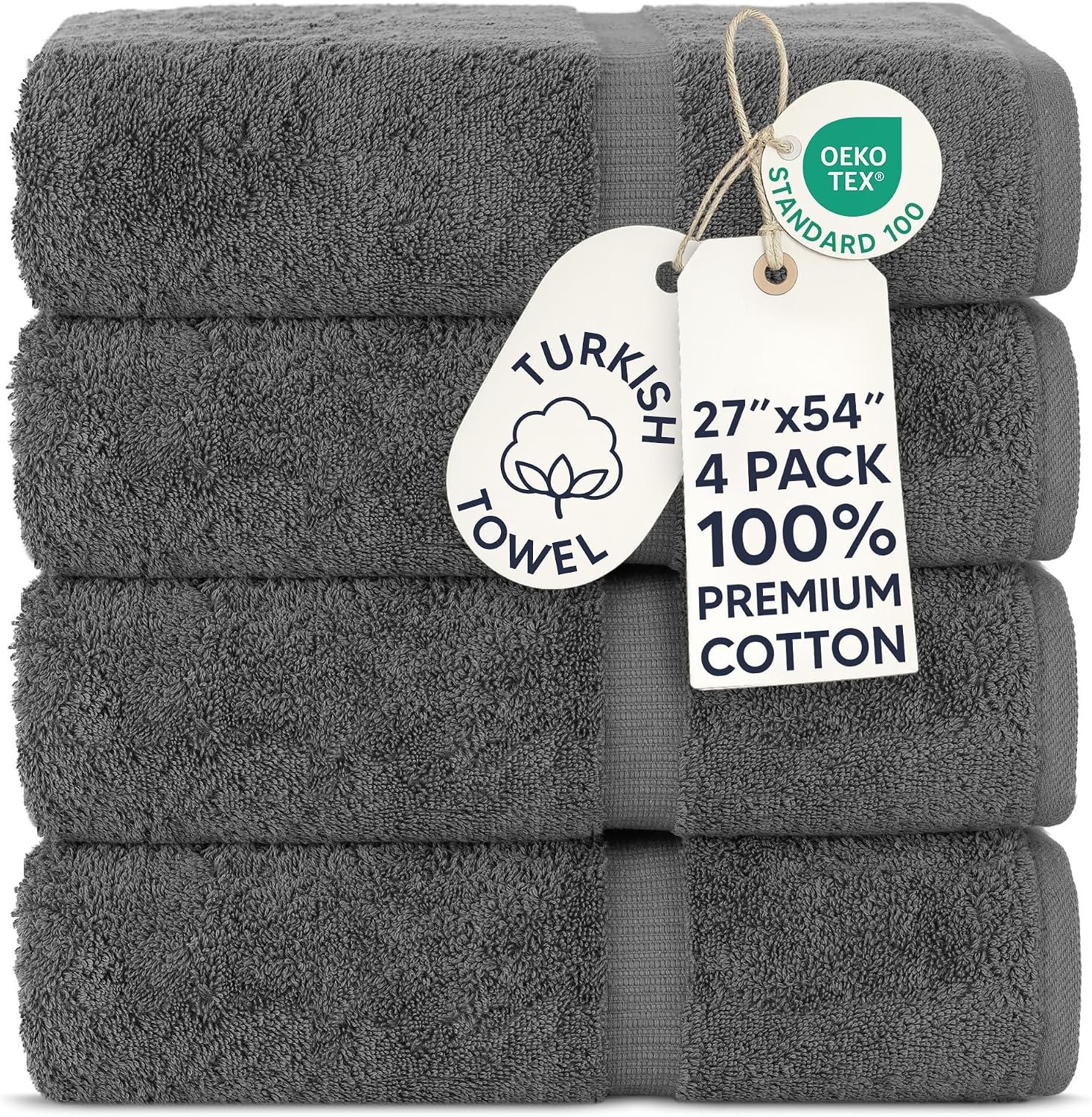 Chakir Turkish Linens 100% Cotton 4-Pack Bath Towels 27×54, Dark Gray