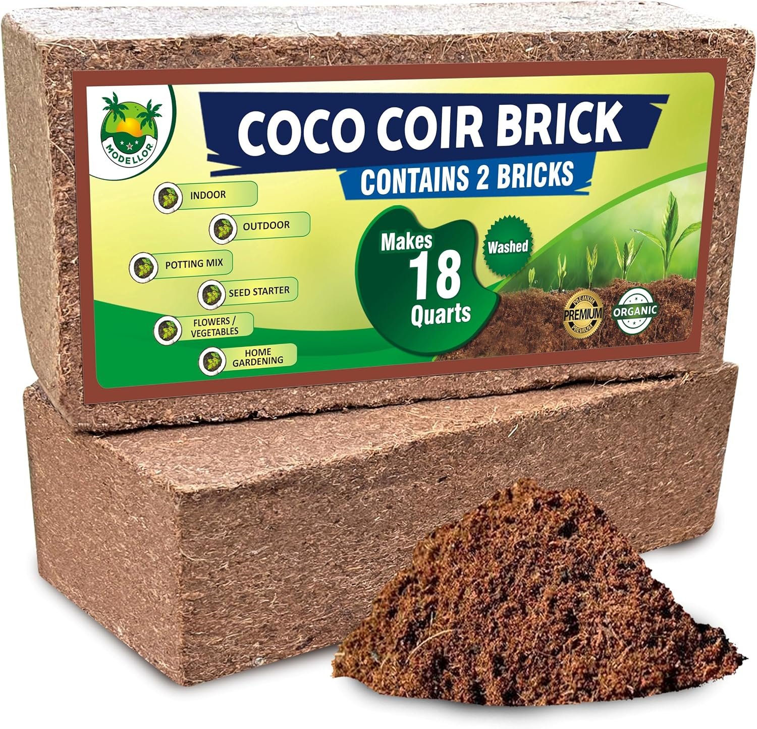 MODELLOR 2 Bricks (2.5 lb.) Premium Super Washed Coco Coir, Yields 18 Quarts, Seed Starter, Organic, pH Balanced, Gardening, Indoor, Outdoor use.