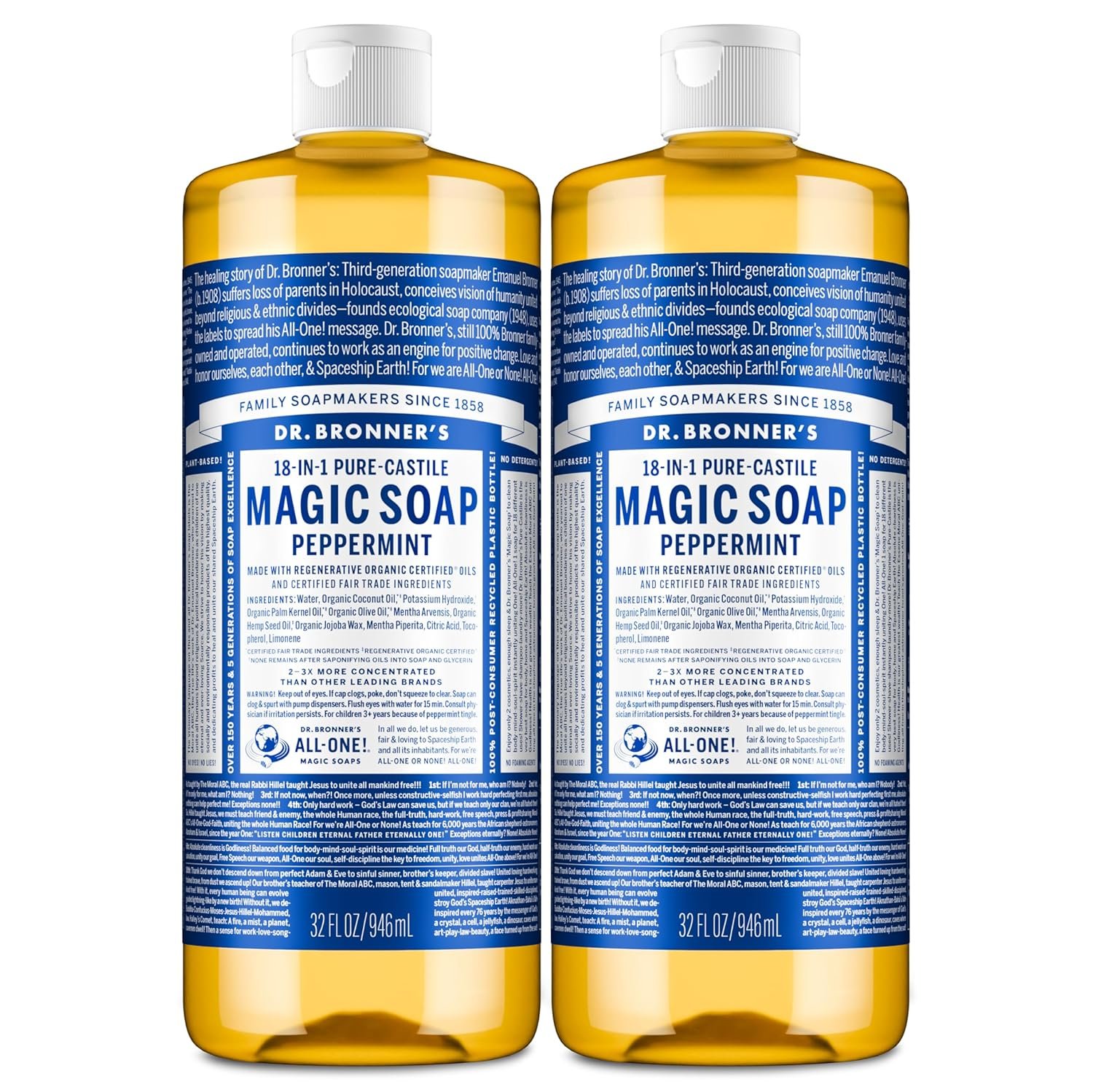 Dr. Bronner’s Peppermint Pure-Castile Liquid Soap, Body Wash, 32 oz, 2-Pack
