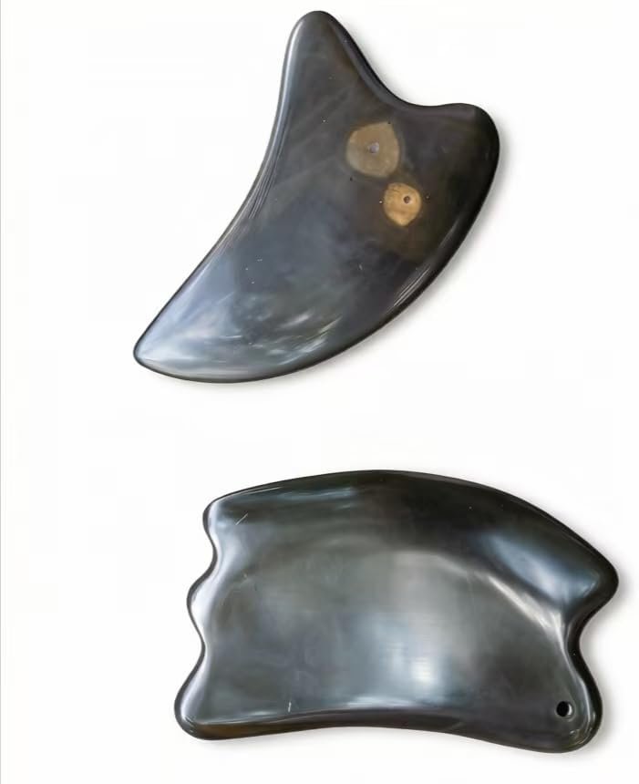 Multi-Purpose Bian Stone Gua Sha Set of 2, Gua Sha Facial Tools for Daily Skincare and Muscle Relief, Smooth Edge Designed Guasha Kit for Full Body Wellness, Yellowish Black