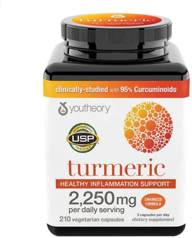 Youtheory Turmeric Extra Strength, 210 Vegetarian Capsules (70 Day Supply), Curcumin C3 Complex with Piperine & Bioenhancers, Supplement for Muscle & Brain Health