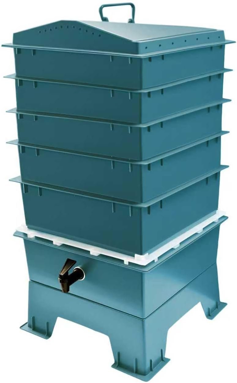 The Original VermiHut® Classic Model 5-Tray Worm Composter Bin – Indoor & Outdoor Vermicomposting System, Continuous Flow Food Waste Recycler for Organic Composting & Gardening – Dark Green