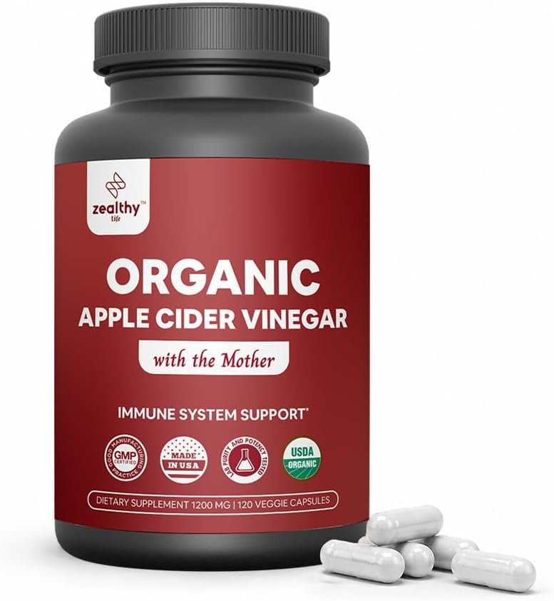 Organic Apple Cider Vinegar with The Mother – 1200mg Capsules for Optimal Wellness, Gluten-Free, Non-GMO, 120 Veggie Capsules – Zealthy Life