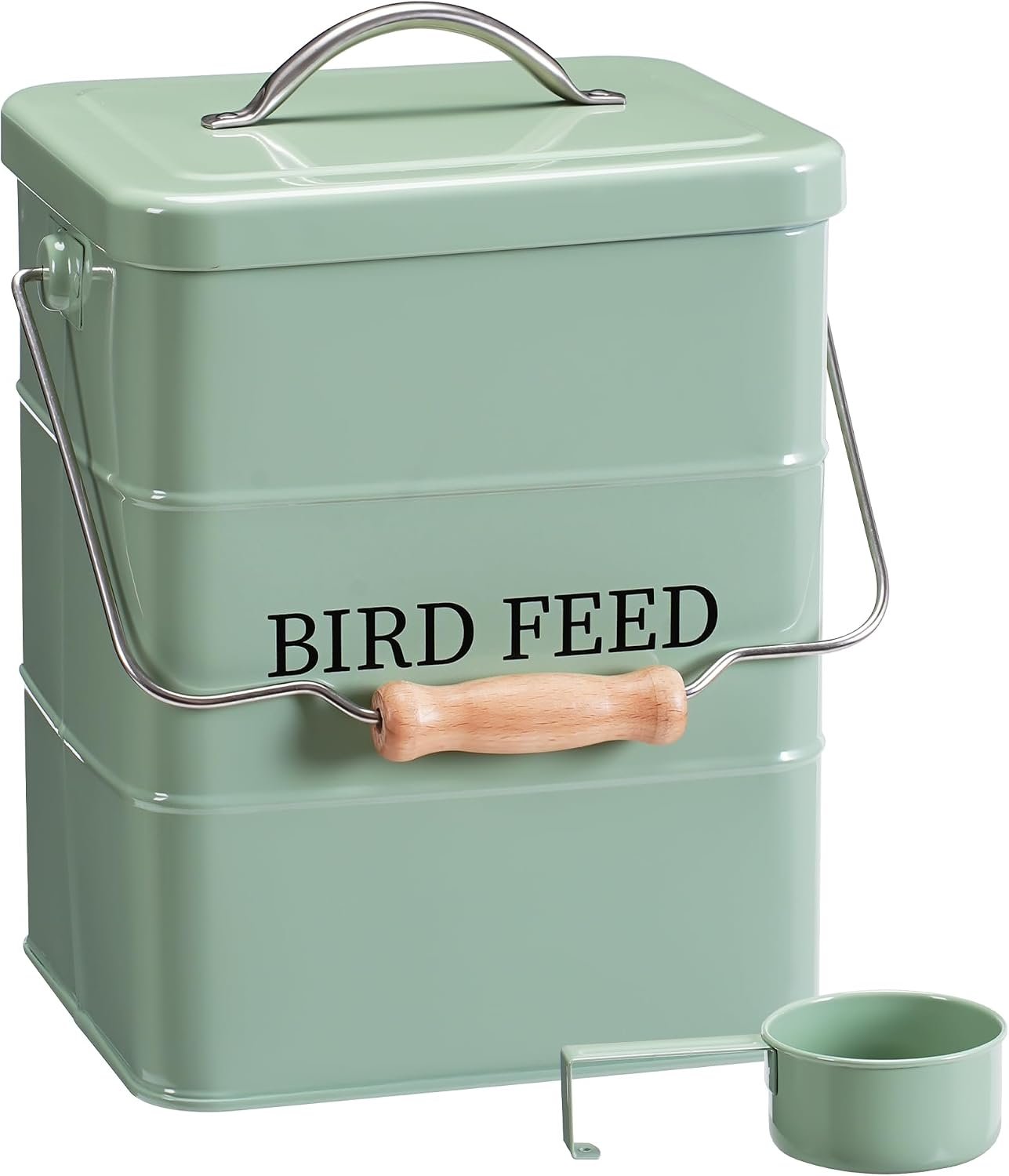 Bird Seed Storage Container, Airtight Metal Bird Food Canister Holds 5-6 LBS Wild Bird Feed, Bright Yellow Bird Feed Tin with Wooden Handle & Measuring Scoop, Dry Pet Snack & Grain Storage Bin