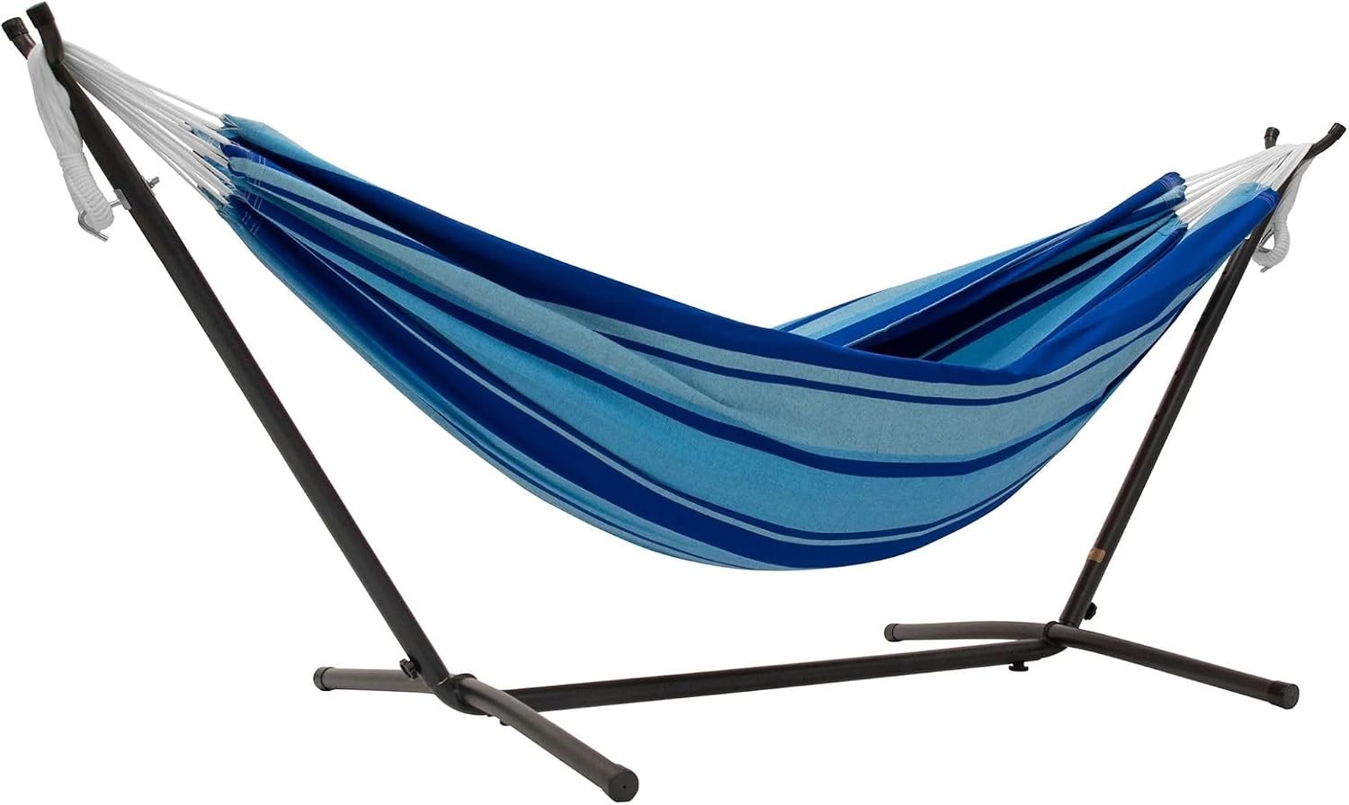 Vivere Double Cotton Hammock with Space Saving Steel Stand, Upgraded Polyester End Strings 450 lb Capacity – Premium Carry Bag Included (Island Breeze)