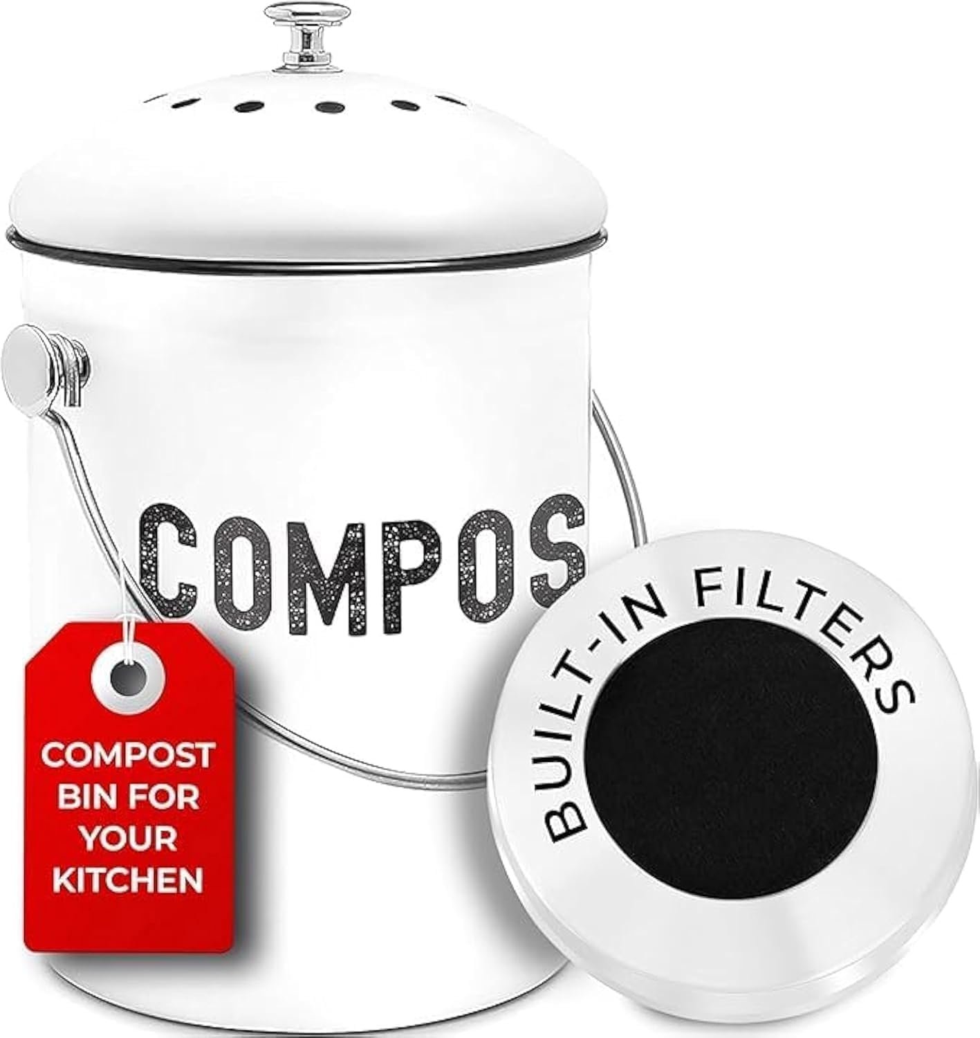 Epica Kitchen Compost Bin for Kicthen Countertops, 1.3 Galllon – White