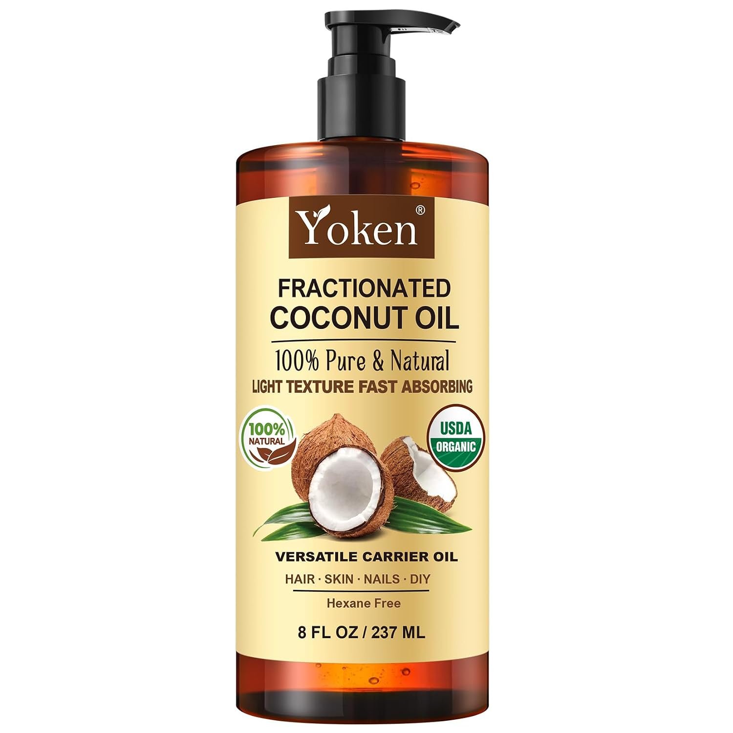 Yoken Organic Fractionated Coconut Oil 8oz, Unscented Carrier Oil for Skin
