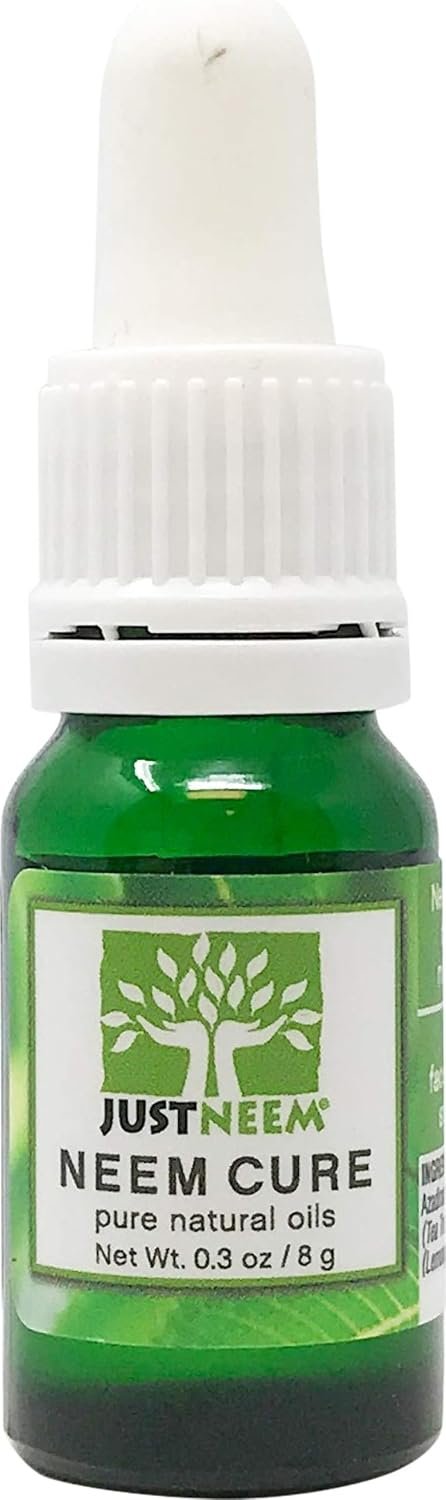 justneem Neem Cure Oil for Skin – Cold Pressed Neem Oil Blend with Jojoba & Tea Tree – Soothes Acne, Psoriasis, Eczema, Rosacea, Cold Sores & Bug Bites – Face, Body, Hair & Pets – 0.3 oz