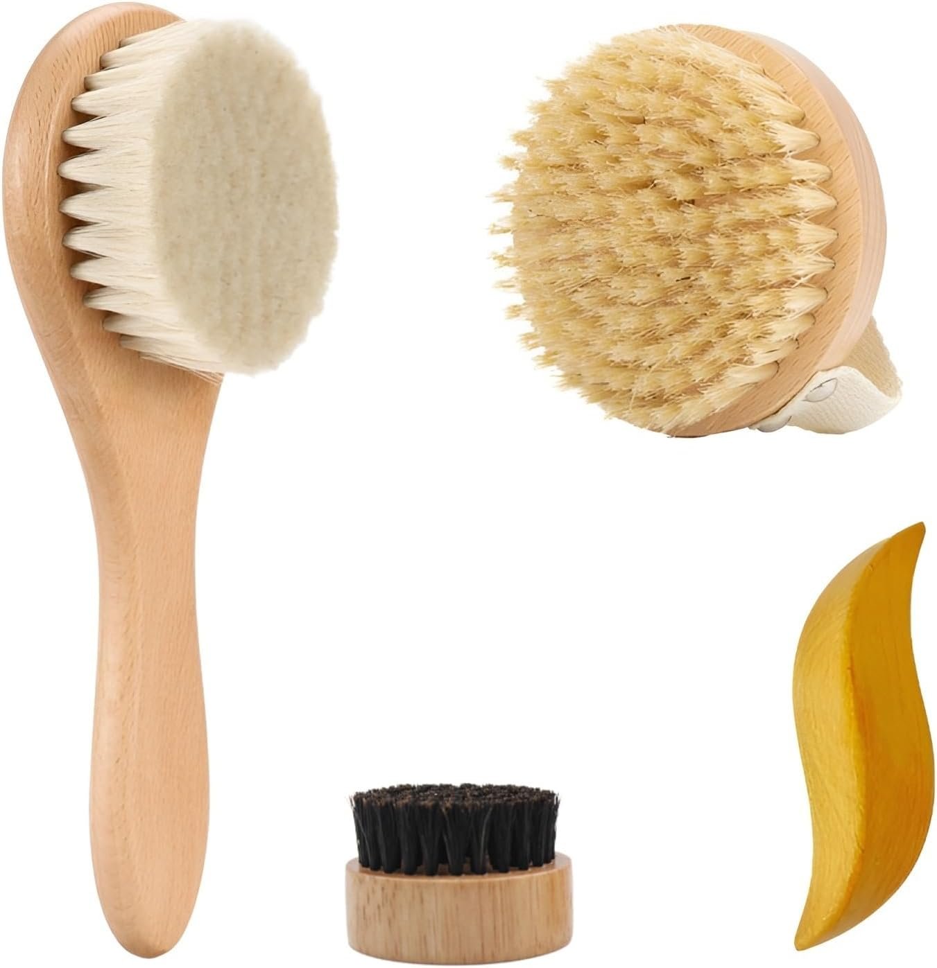 Dry Brushing Set – Natural Boar Bristle Body & Face Brush +Dry Skin Exfoliating Scrubber +Wood Therapy Massage Tool for Gua Sha Anti-Cellulite (4 Pack)