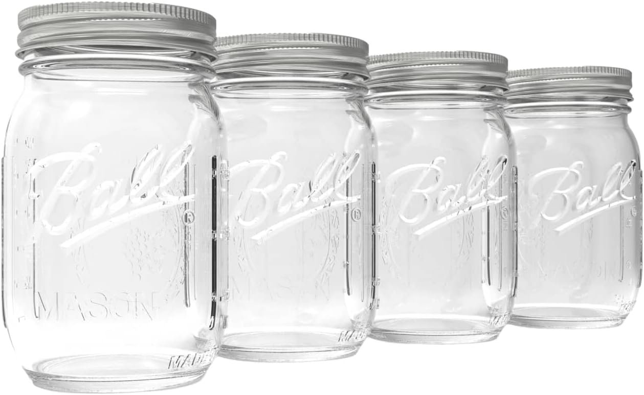 Ball Regular Mouth Pint 16oz. Glass Mason Jar with Lids and Bands, 4 Count