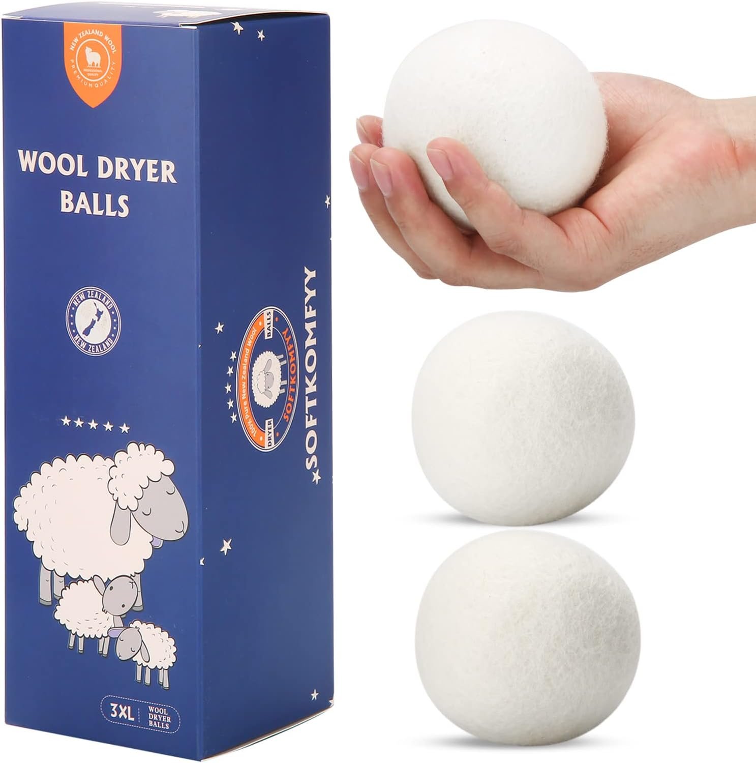 Wool Dryer Balls Handmade 3 Pack XL,Laundry Dryer Balls,100% New Zealand Wool Natural Fabric Softener,Reusable 1000 Loads,Wrinkles Free, Shorten Drying Time,Baby Safe (3 Pack,White)