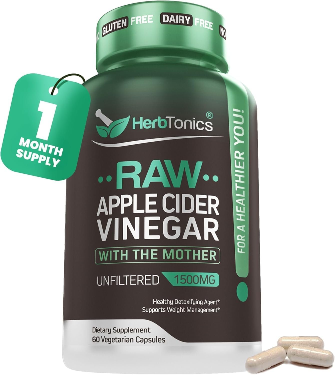 Herbtonics Raw Apple Cider Vinegar 1500mg with Mother, 60 Capsules