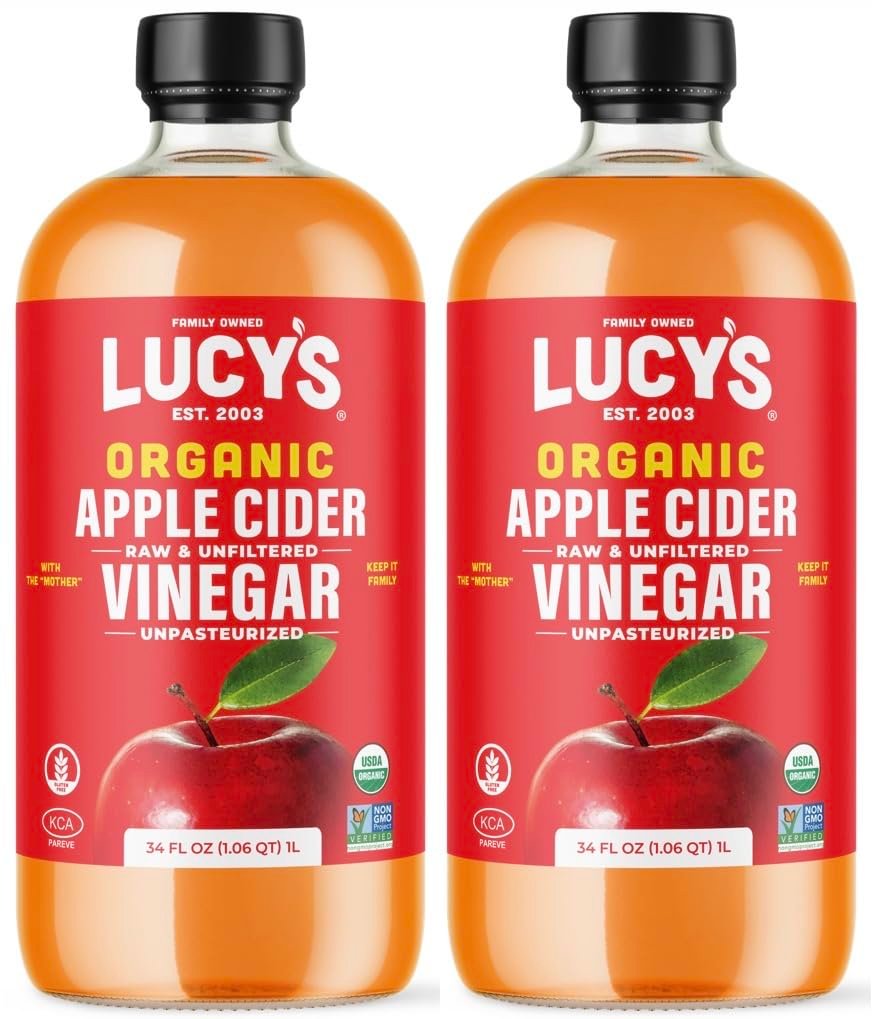 Lucy’s Family Owned – 34oz. GLASS BOTTLE (2 PACK) Organic, With the Mother, Apple Cider Vinegar, Unfiltered, Unpasteurized, Raw, and NonGMO