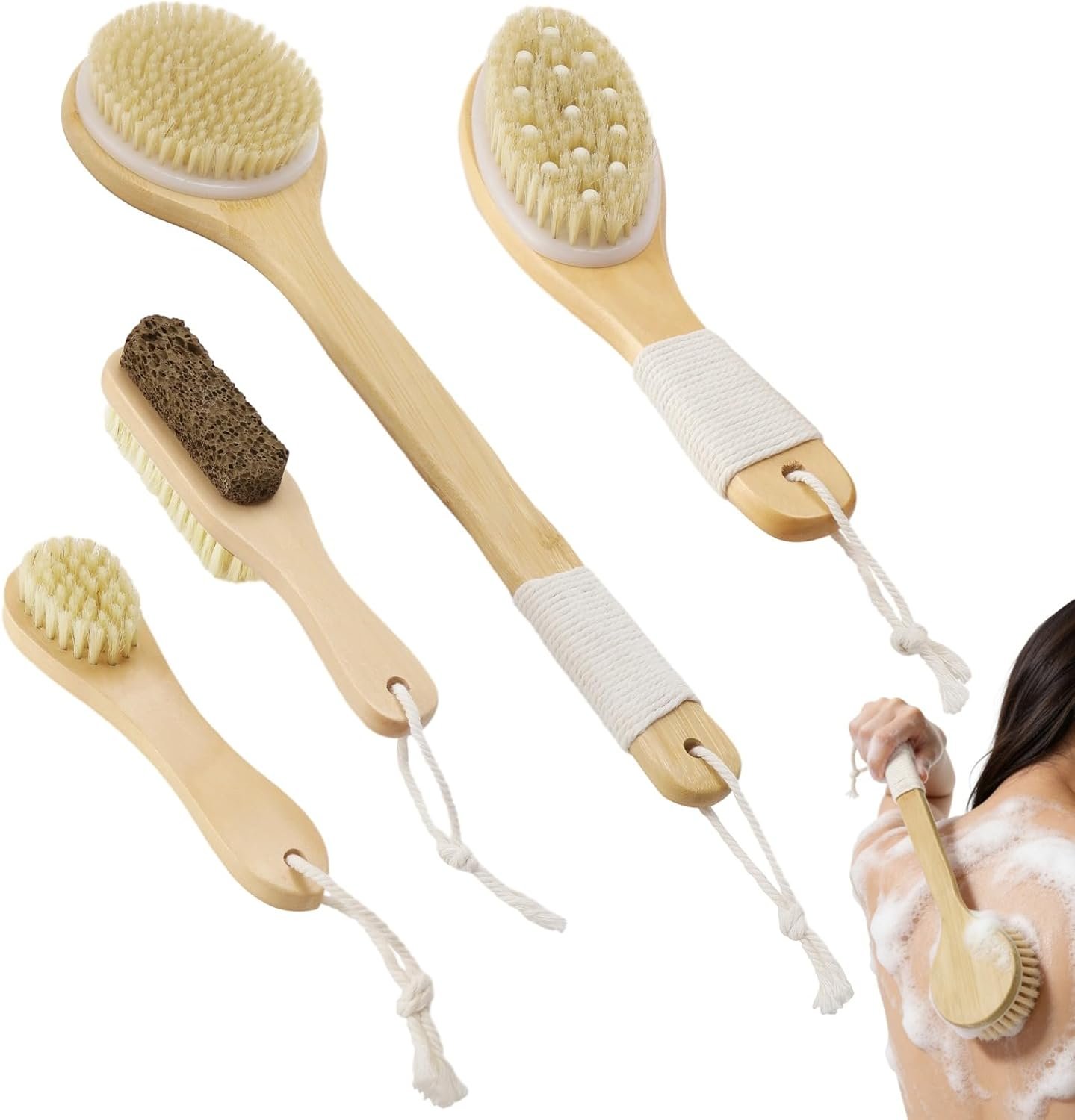 4PCS Dry Brushing Body Brush Set, Natural Boar Bristle Body Scrubber with Long Handle Back Brush, Face Brush, Foot Brush, Pumice Stone, Travel Bag for Wet Dry Shower Exfoliating Skin Care