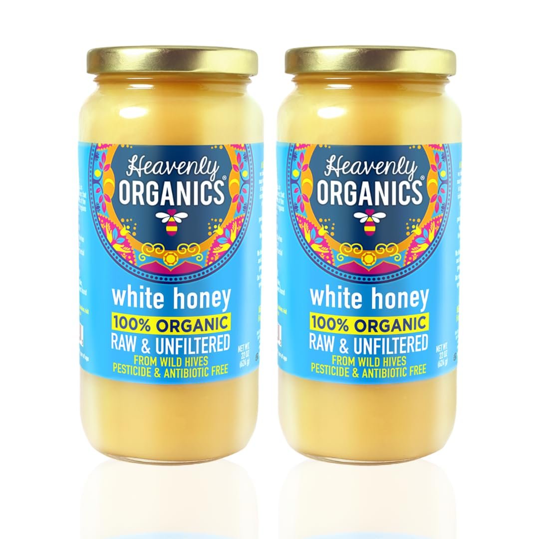 Heavenly Organics Raw White Honey, | 22 oz (2 Pack) | 100% Organic | Unheated, Lightly Filtered Creamy Honey | Smooth Velvety Texture | Sustainably Sourced from Wild Beehives | Dairy Free, Gluten Free, Glyphosate Free