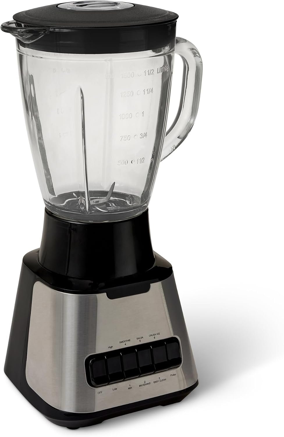 Amazon Basics Powerful 700W Countertop Blender with 6-Cup (50 Fl. Oz) Glass Jar, 6 Pre-Programmed Functions, Ice Crush, Stainless Steel Blades, Black & Silver