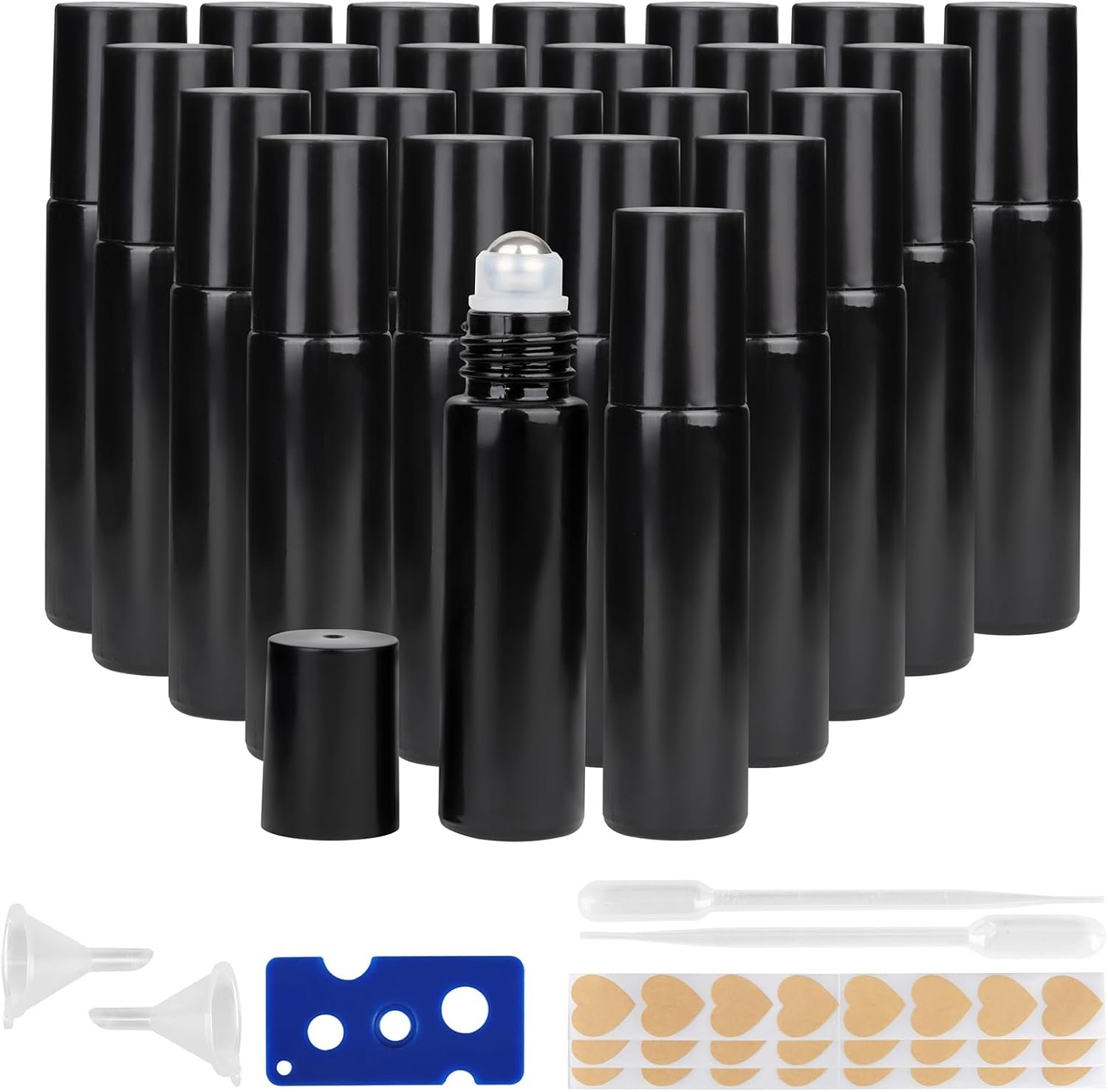 10ML Glass Essential Oil Roller Bottles,24 Pack black Oil Roller Bottles for Essential Oils, refillable rollerball bottle(24 Labels, Opener, Funnel, Dropper Included)