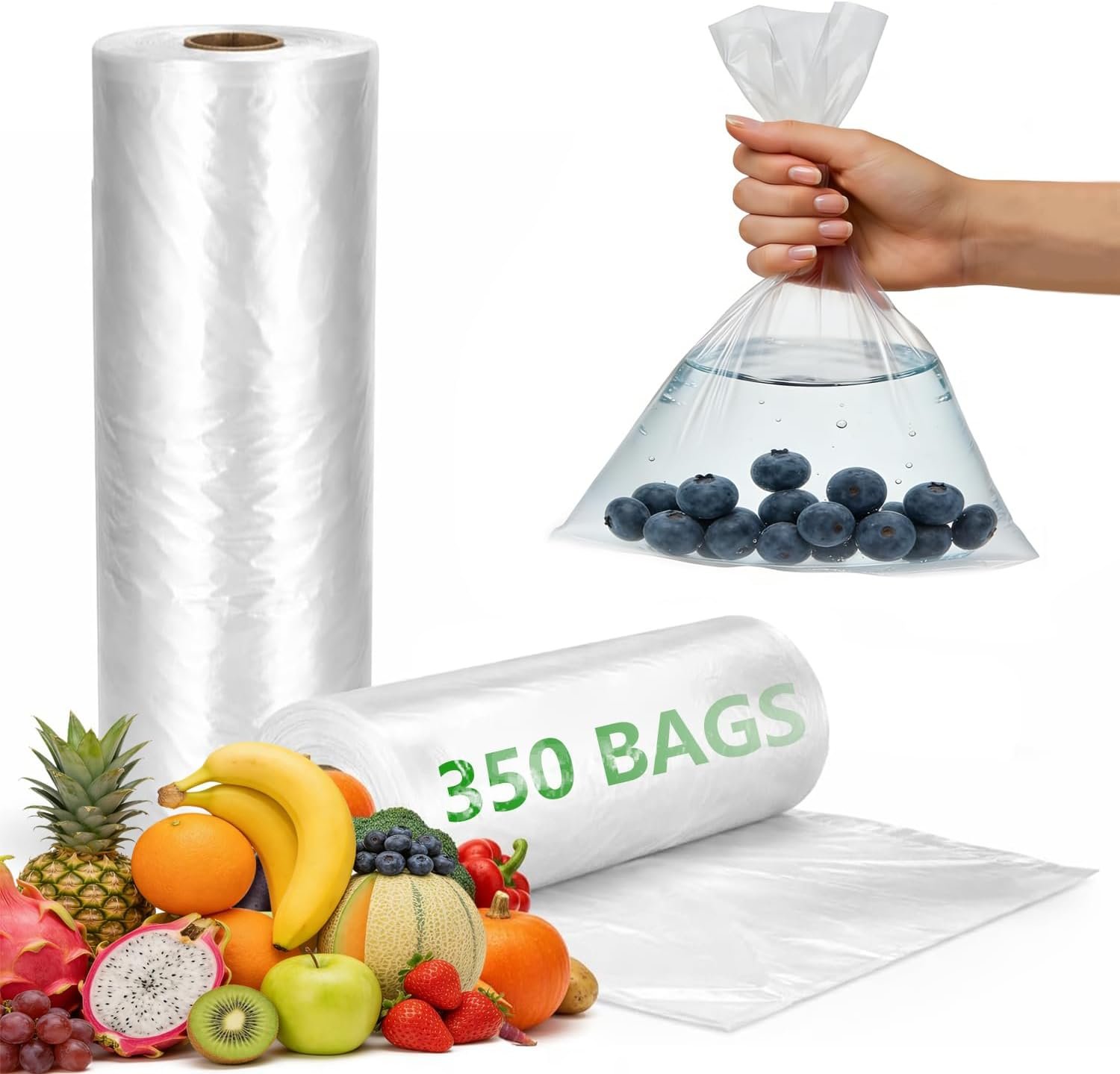 9527 Product 12″ x 16″ Clear Plastic Produce Bag, Food Storage Bag on a Roll, 350 Bags One Roll, Freeze/Heat Clear Bag for Bread, Meat, Vegetables, Fruits