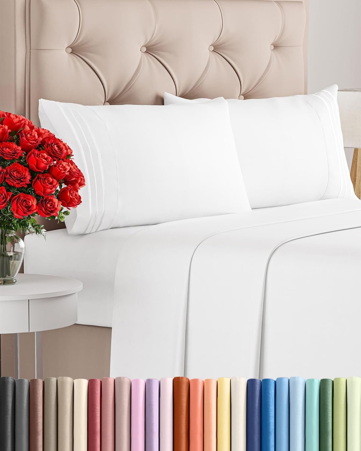 Queen Size 4 Piece Sheet Set – Comfy Breathable & Cooling Sheets – White