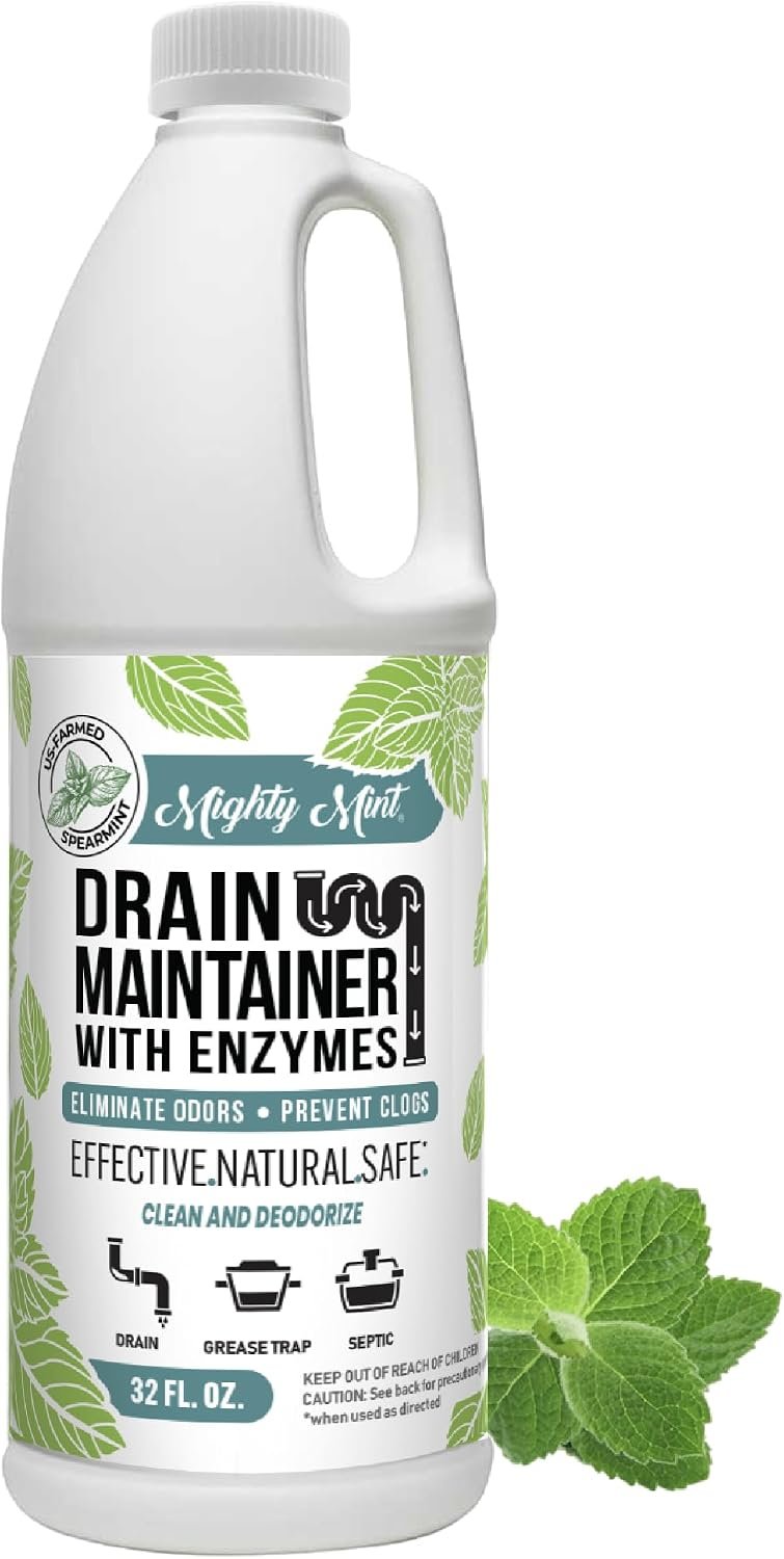 Mighty Mint Enzyme Drain Maintainer – Drain Cleaner & Deodorizer for Odor Control and Buildup Prevention – Safe for Pipes, Septic & Grease Traps – 32 oz.