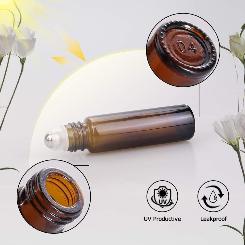 Roller Bottles for Essential Oils – 12 Pack 10ml Amber Glass Roll on Bottle