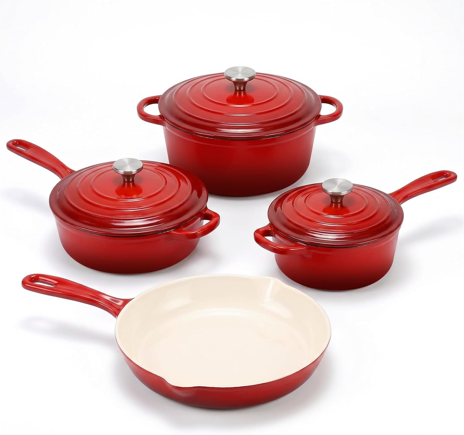 Nonstick Enameled Cast Iron Cookware Set, 4-Piece Pots & Pans Set with Lids