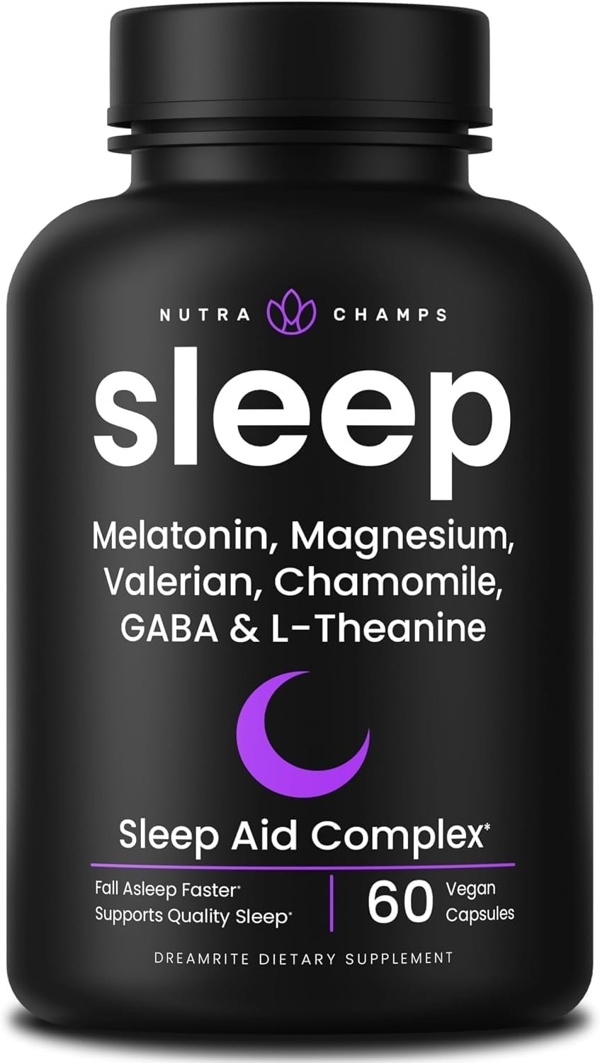 NutraChamps 10-in-1 Natural Sleep Aids for Adults – Melatonin, Lemon Balm, Chamomile, Valerian Root, L Theanine, L Tryptophan, GABA, Magnesium Sleep Aid