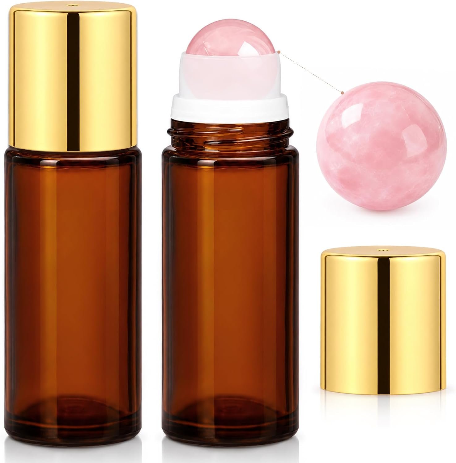 2 Pack Rose Quartz Roller Glass Bottles, 50ml Refillable Roll On Bottles