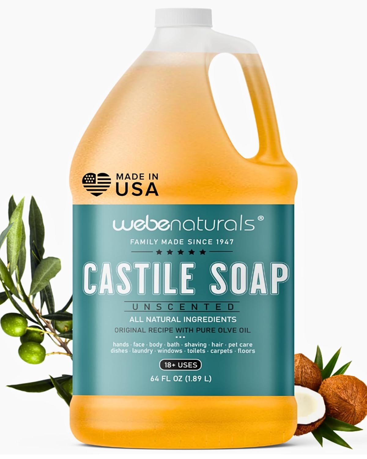 WEBE Naturals Pure Unscented Castile Soap Refill, 64 Oz