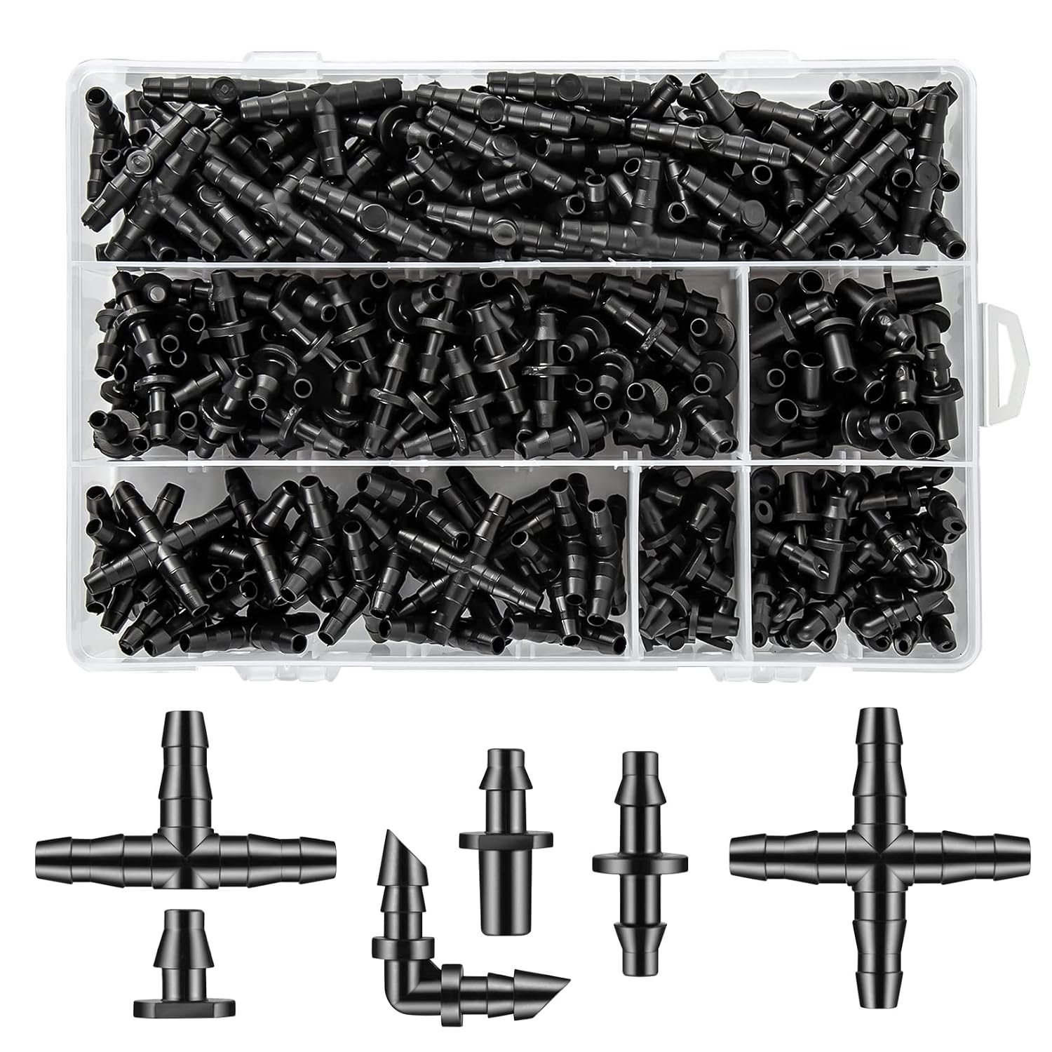 Unoutur 300 Pcs Barbed Connectors Drip Irrigation Fittings Kit, 1/4″ Drip Irrigation Kit for Garden Flower Pot Greenhouse Lawn (Straight Barbs,Single Barbs,Tees,Elbows,End Plug,4-Way Coupling)