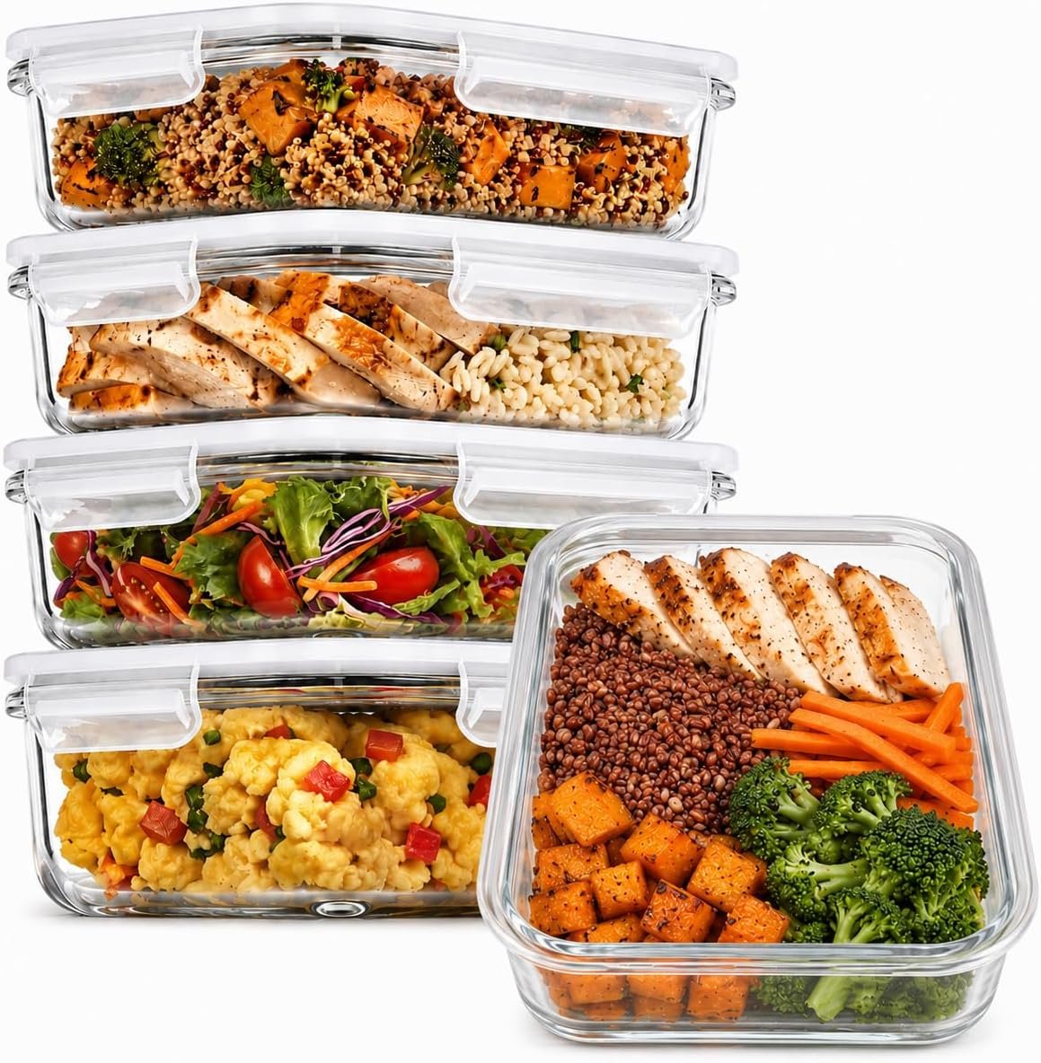 PrepNaturals 5 Pack 30oz Glass Meal Prep Containers – 1 Compartment