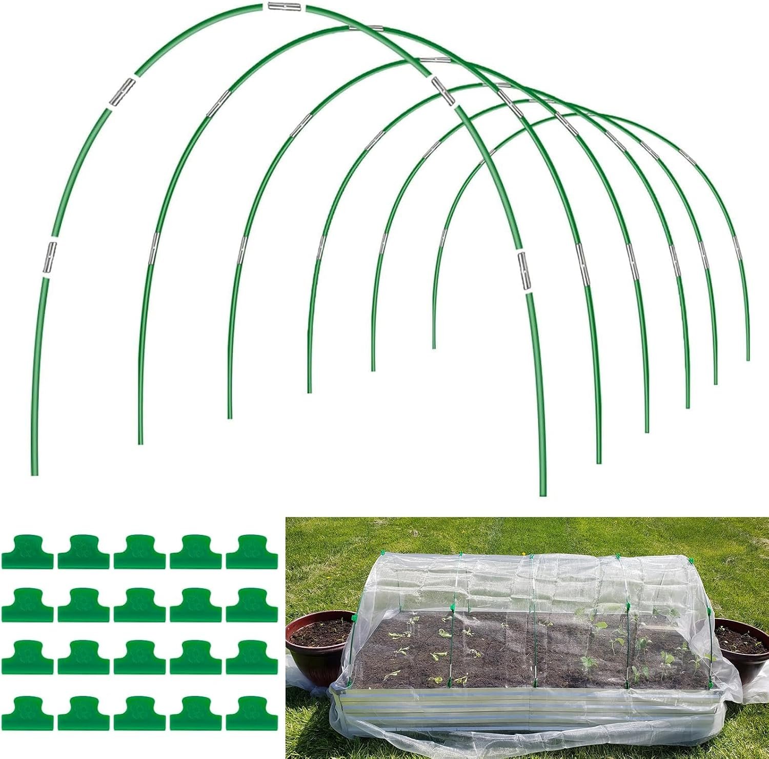 Garden Hoops Grow Tunnel, 6 Sets 8ft Rust-Proof Fiberglass Frame, 36pcs