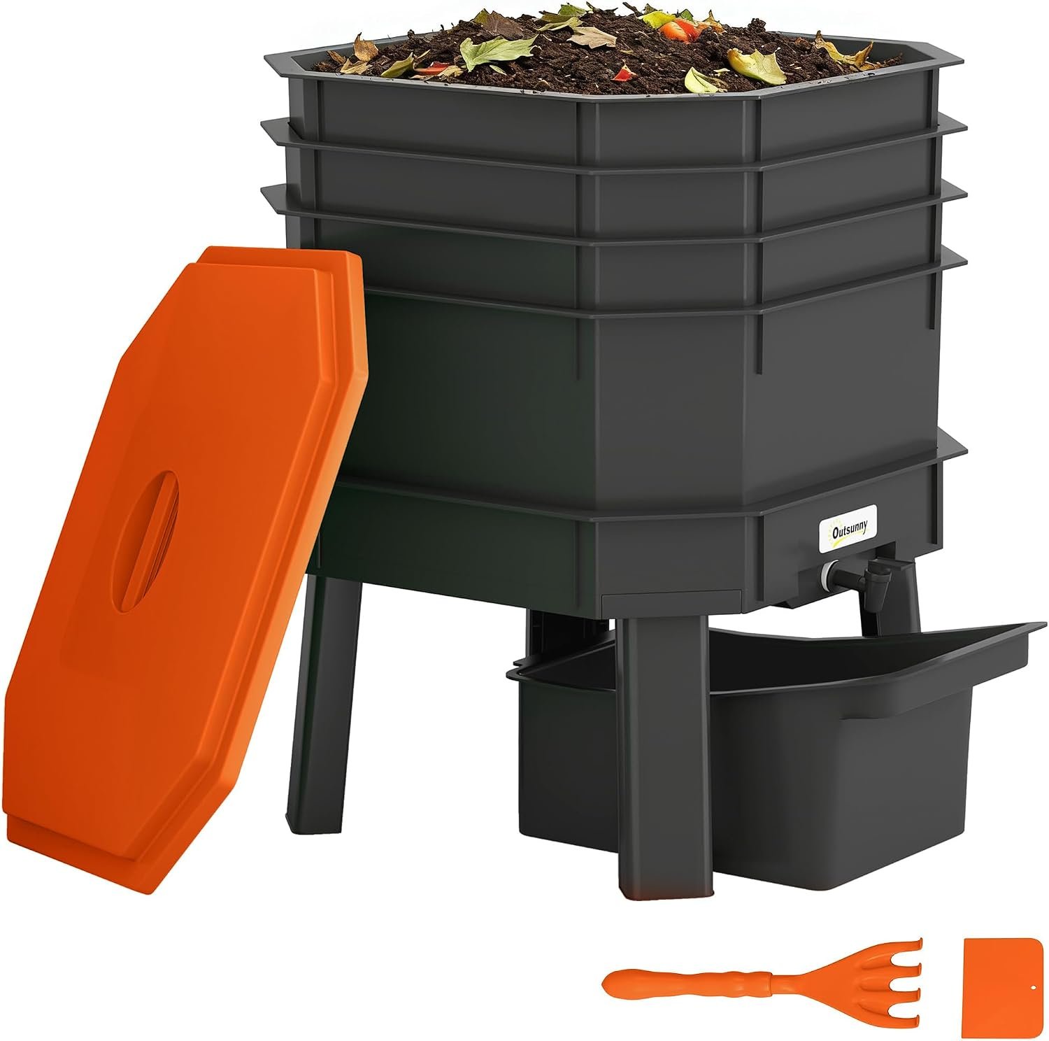 Outsunny 4-Tray Worm Composter Bin 7.4 Gal for Indoor & Outdoor, Orange