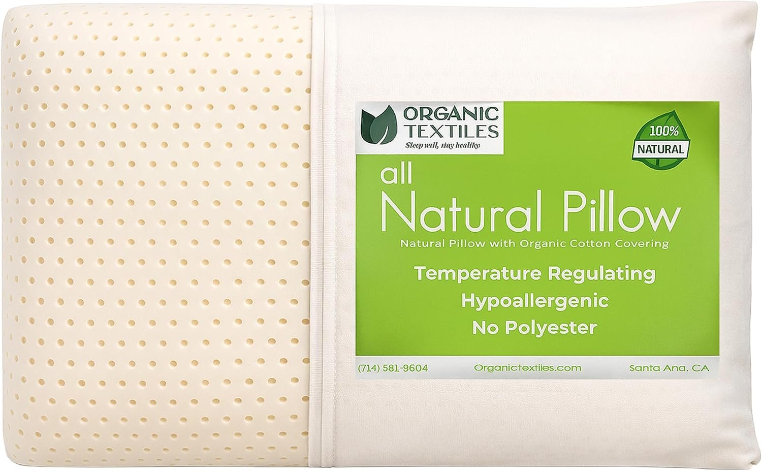 ORGANIC TEXTILES Natural Latex Bed Pillow with GOTS Certified Organic Cotton Cover – (Standard, Medium) – Pack of 1