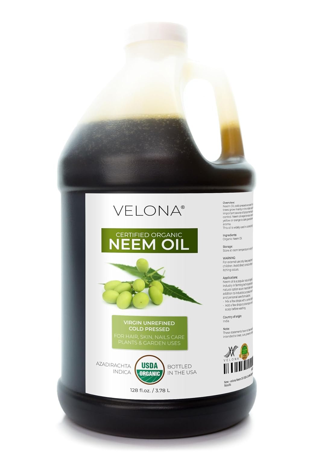 velona USDA Organic Neem Oil – 1 Gallon / 128 fl oz, Cold Pressed