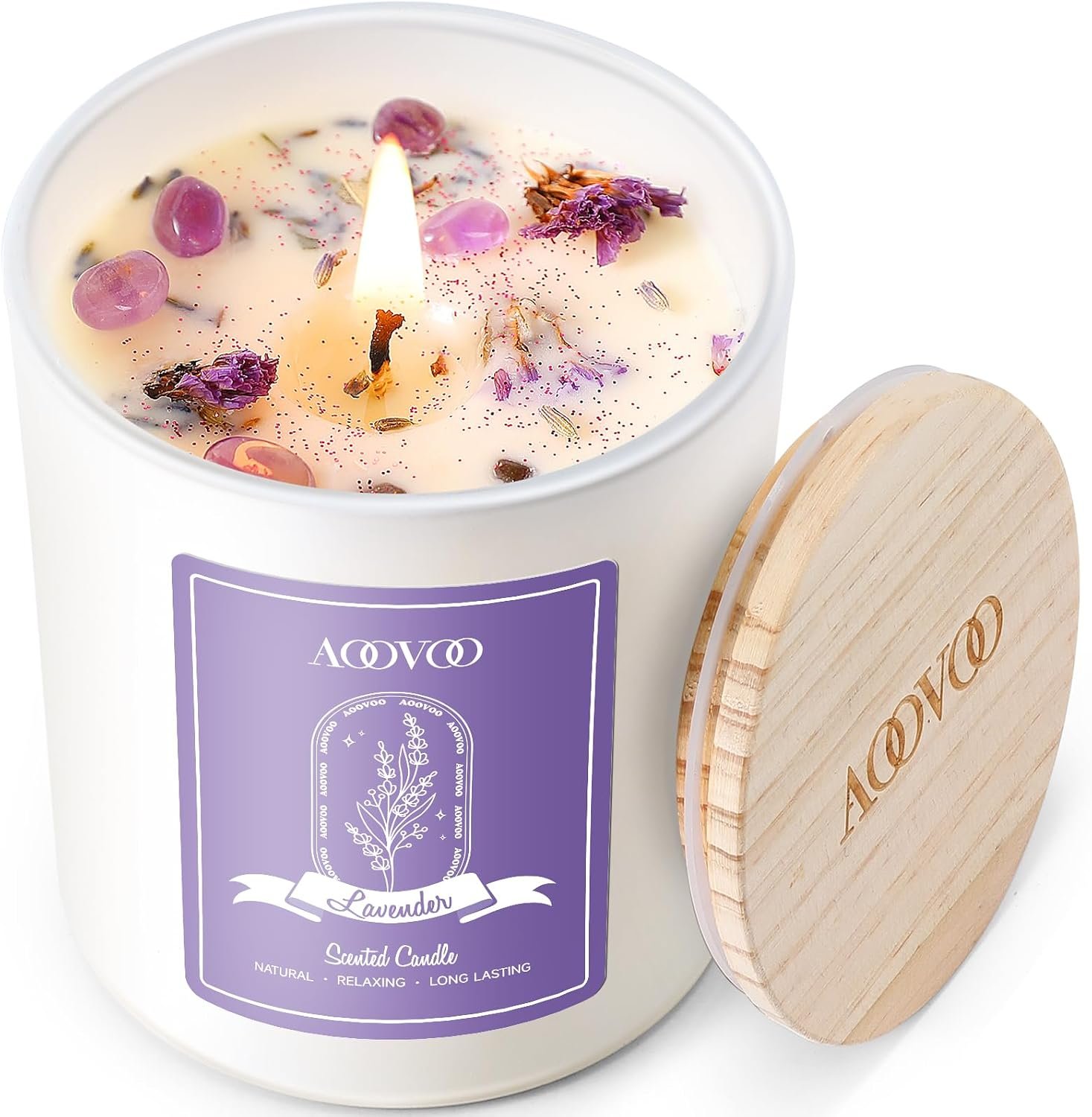AOOVOO Lavender Scented Candles for Women – Aromatherapy Candle with Crystals Inside, 10oz Soy Candles for Home Scented, Birthday Gifts Mothers Day Candle for Women Mom