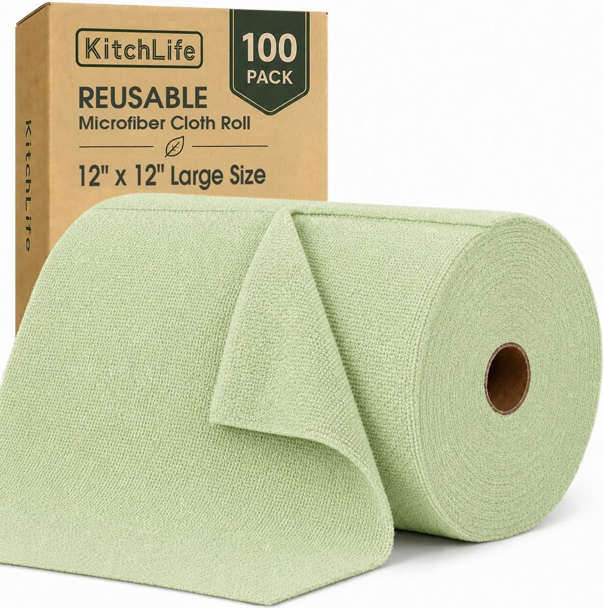 Microfiber Cleaning Cloth Roll, 100 Pack 12 x 12 Inch Tear Away Reusable Paper Towels, Thick Cleaning Towels, Absorbent Lint Free Washable Rags for Kitchen, Car, Garage and Workshop – Bean Green