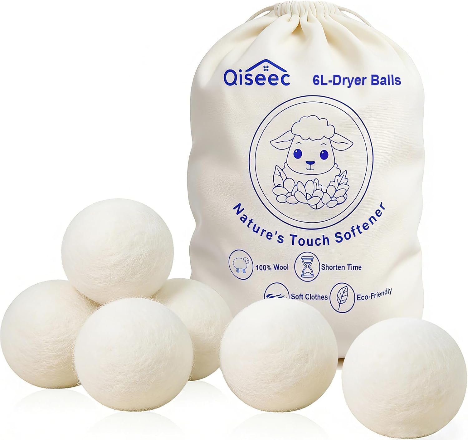 Wool Dryer Balls 6-Pack L – Natural Reusable Laundry Fabric Softener, Reduces Wrinkles & Drying Time, Hypoallergenic, Leaves Fabrics Naturally Soft and Fluffy