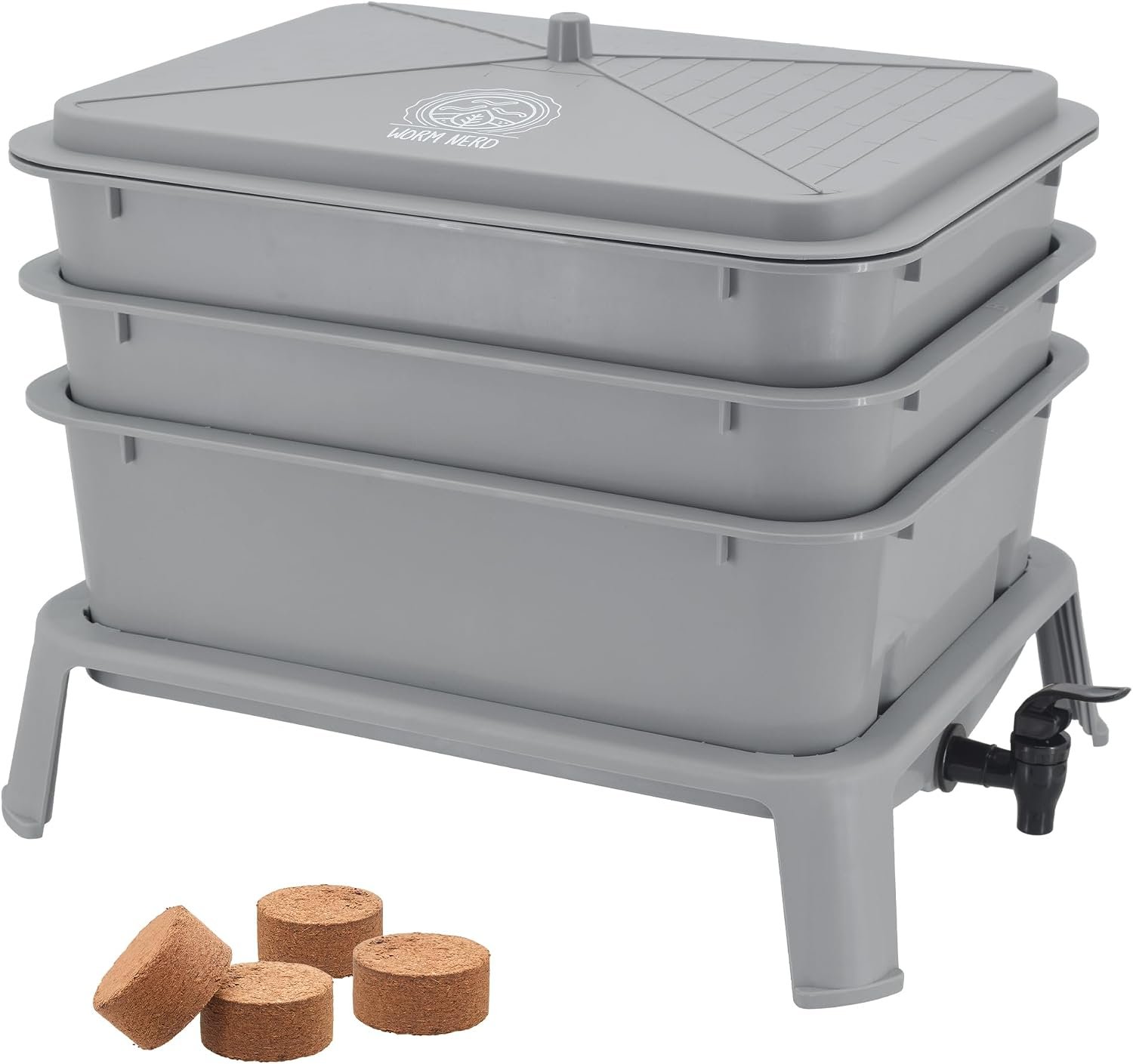 Worm Nerd WN52 4-Tray Worm Composting Bin Kit with Coco Coir Brick for Recycling Food Waste, Worm Castings, Worm Tea, Vermiculture and Vermicomposting, Gray