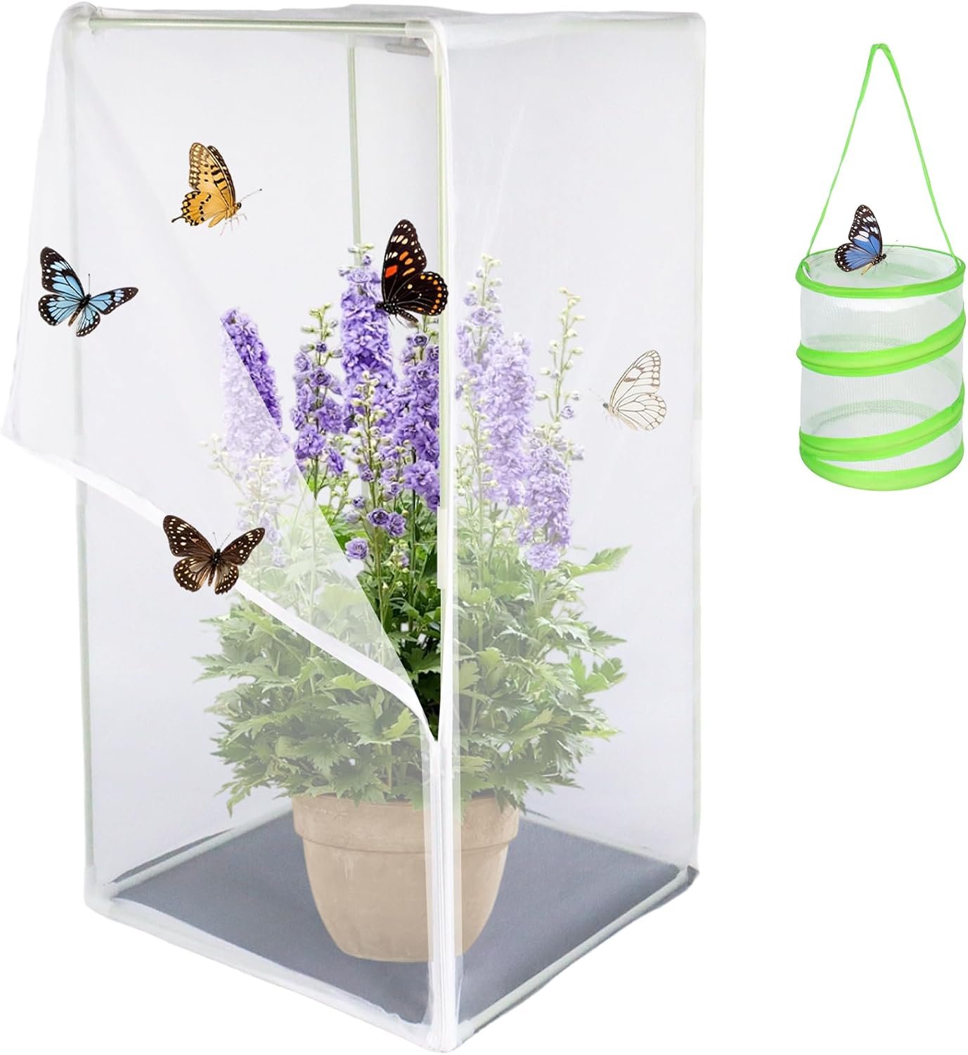 2Pcs Butterfly Habitat kit, Monarch Butterfly Mesh Cage, Butterflies Enclosure for Outdoors, Insect Growing Garden Habitat 16.6×16.6×30.4 inch, Folds Flat (White Green)