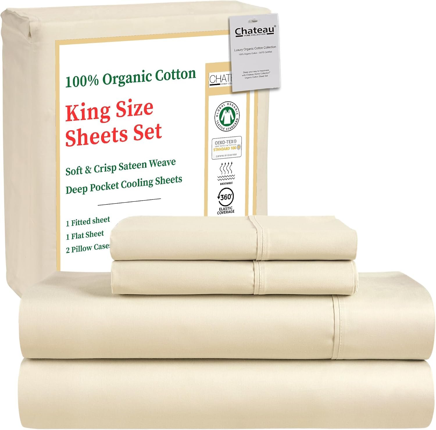 100% Organic Cotton King Size Sheets Set, Luxury Sateen Weave 300 TC -Ivory