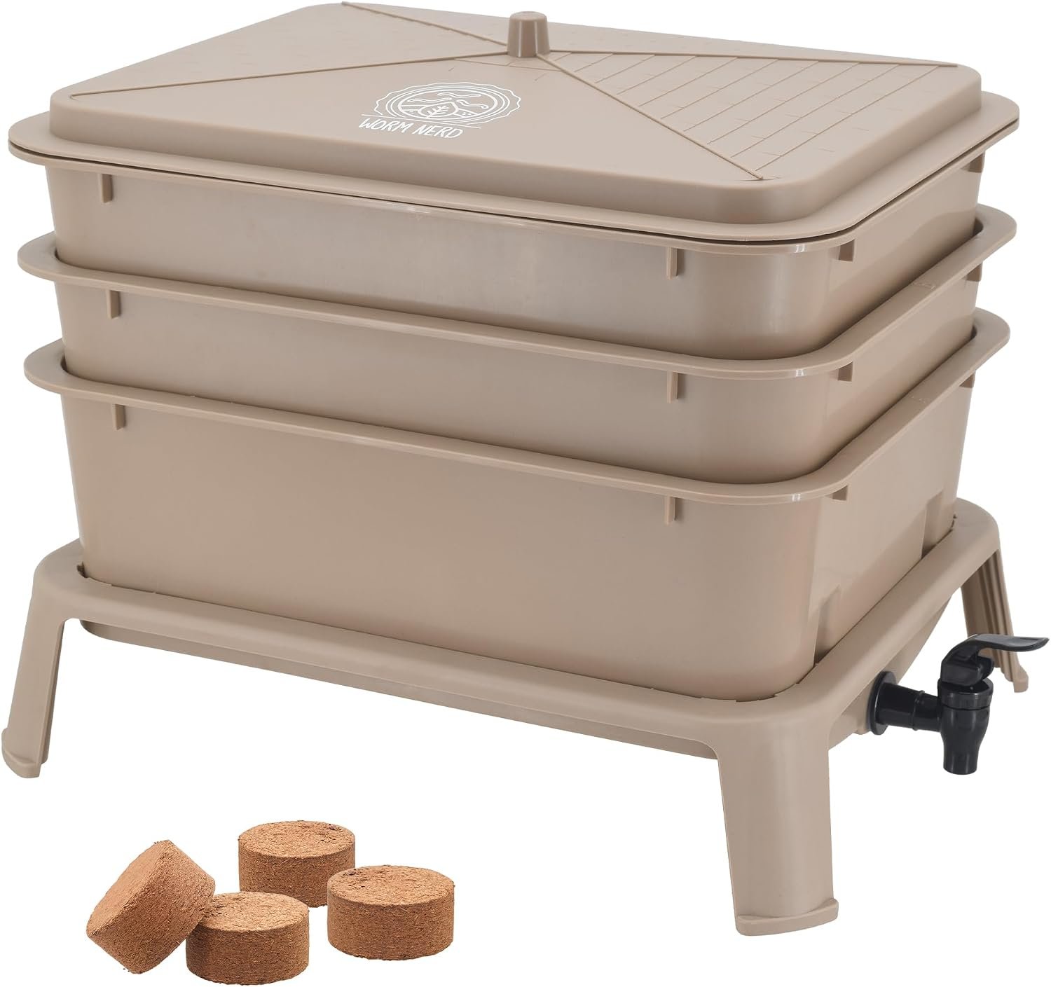 Worm Nerd WN53 4-Tray Worm Composting Bin Kit with Coco Coir for Recycling Food Waste, Worm Castings, Worm Tea, Vermiculture and Vermicomposting, Tan